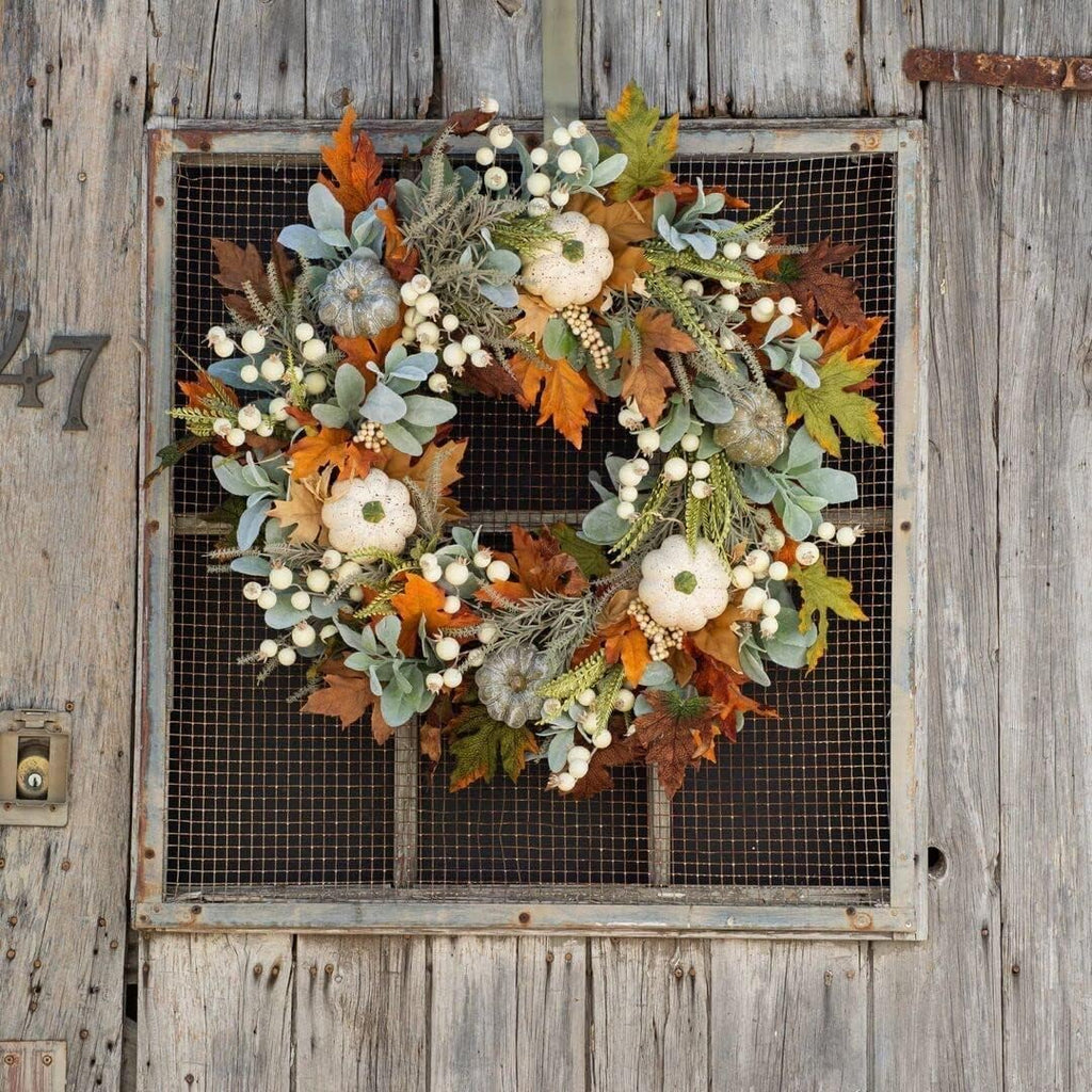 Artificial Fall Wreaths for Front Door Rustic Autumn Wreath with Pumpkin,Rose,Berry Branchesm,Mixed Leaves Thanksgiving Wreath Fall Door Wreath for Halloween Thanksgiving Indoor Outdoor Decor (B17.7)