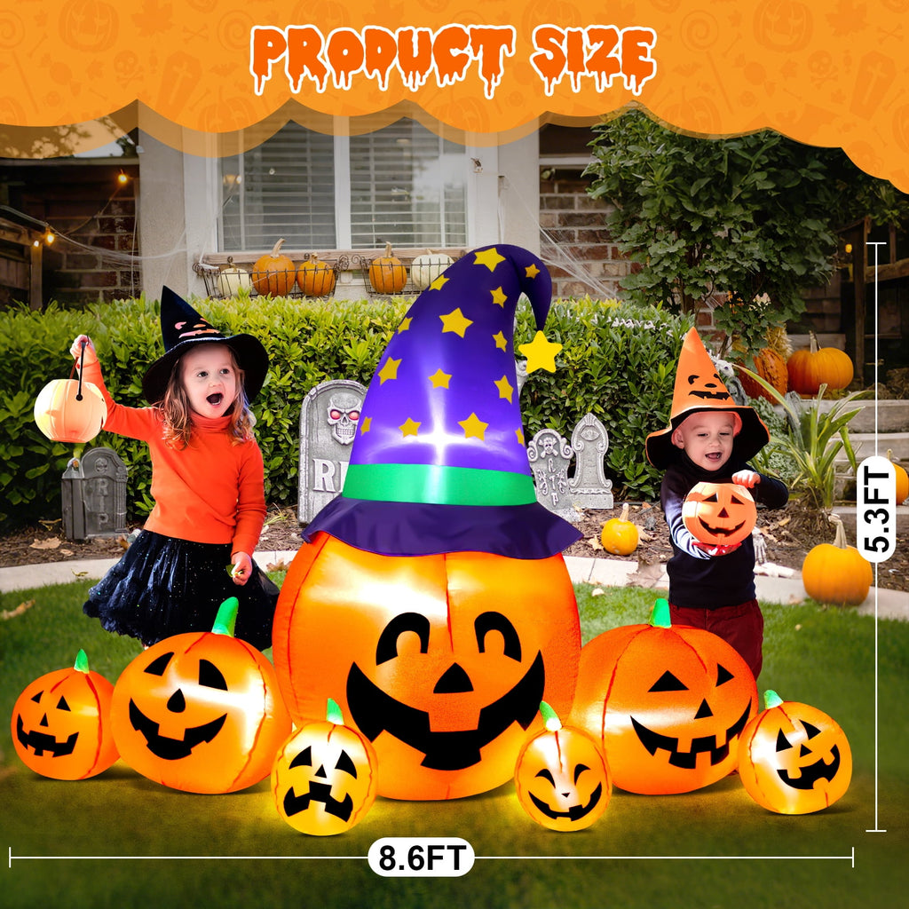 Yexmas 8.7ft Halloween Inflatables Pumpkins 7 Blow Up Decor with Witches Hat, Built-in LED Lights for Halloween Party, Yard, Garden, Lawn