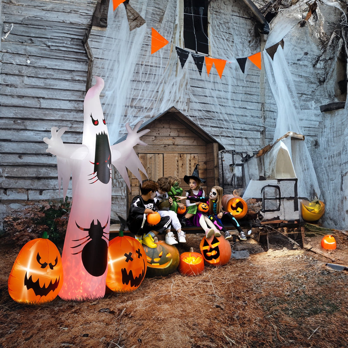 Ktaxon 12' Halloween Inflatables Outdoor Halloween Decoration Giant Ghost with 2pcs Pumpkin Blow up Decor