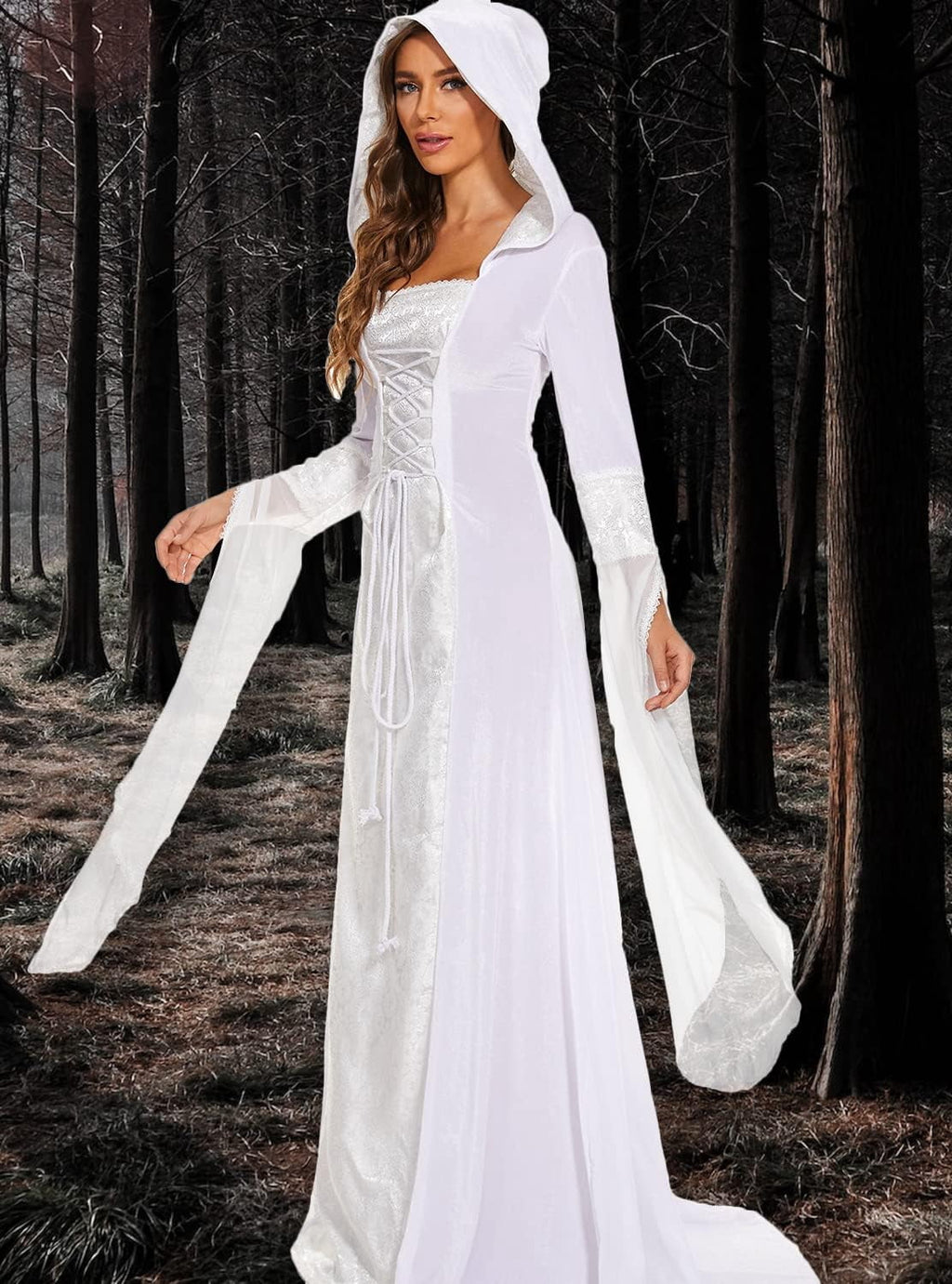 Halloween Witch Costume Women, Deluxe Witch Dress Costume, Vintage Embroidered Renaissance Gothic Hooded Vampire Gown Dress Cosplay Costumes Red S