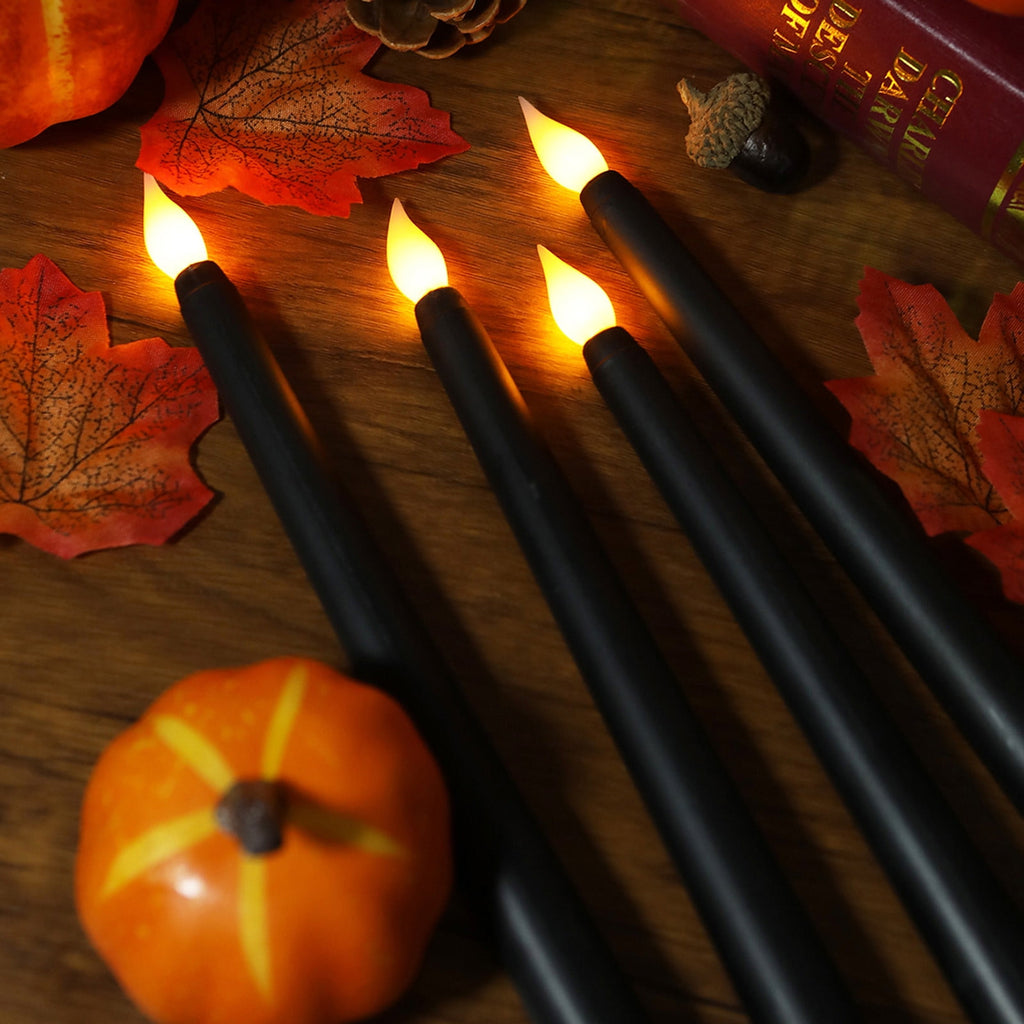 TOPRenddon Black Flameless Taper Candles, Flickering Battery Halloween LED Candlesticks Set of 2, Gothic Wedding Decor