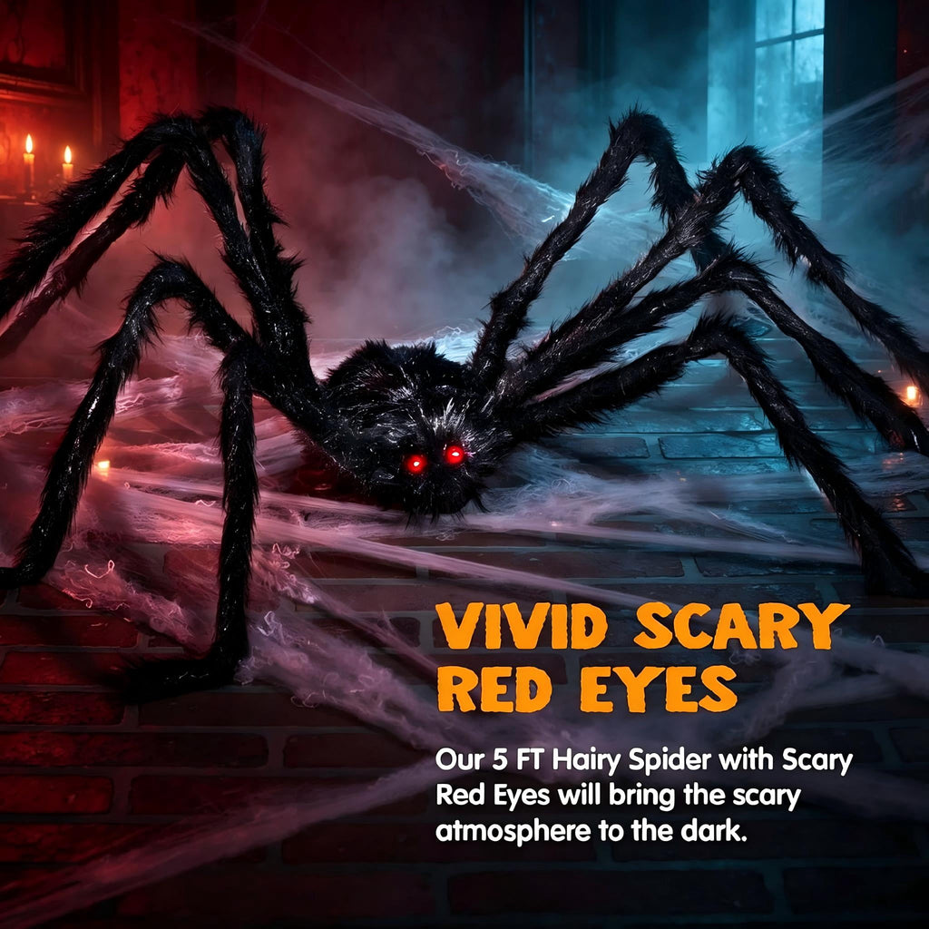 Joyfy 5 ft Scary Giant Spider Halloween Decorations Outdoor,Poseable Spider Lifelike Hairy Prop for Yard,Haunted House,Tree or Porch Party Decorations,Black