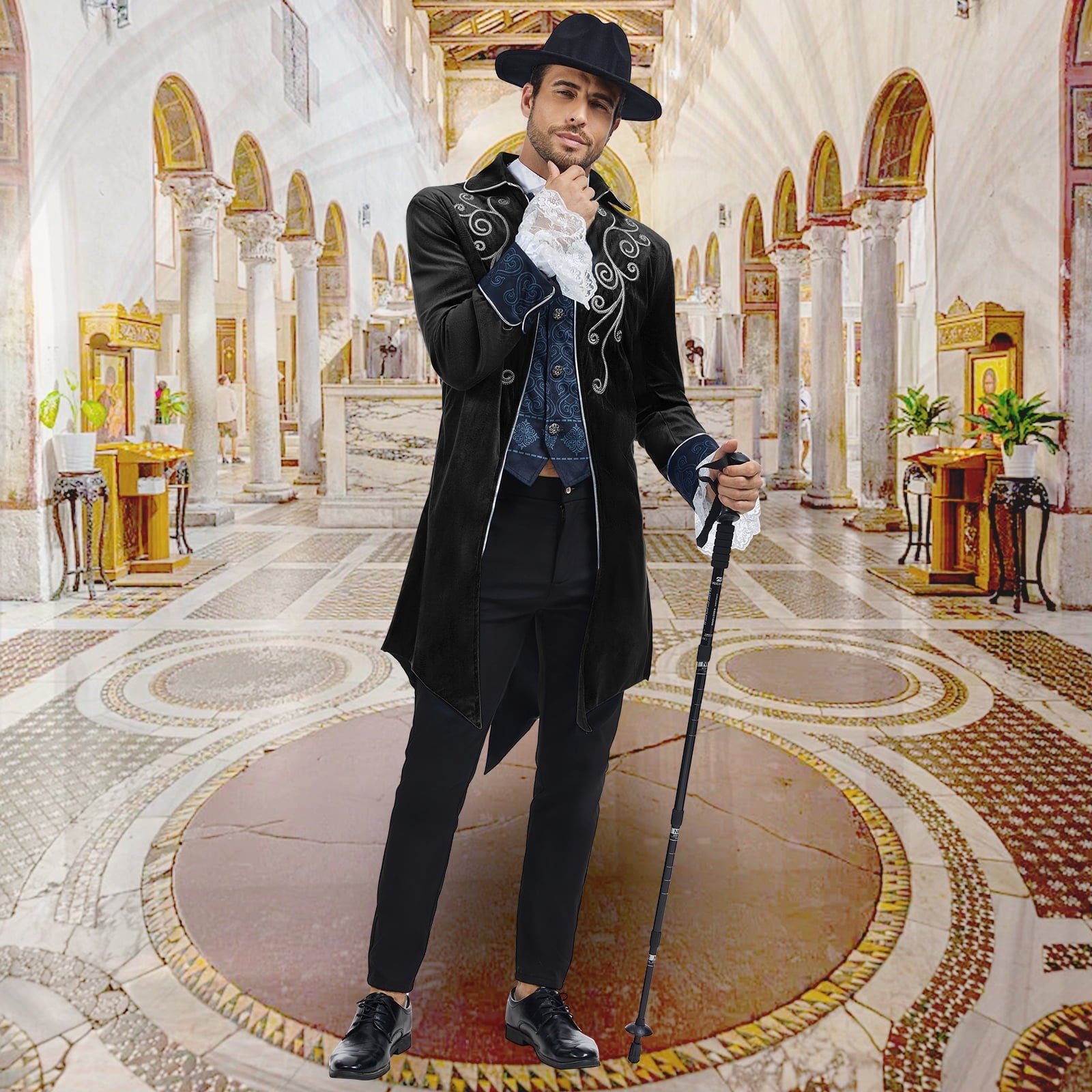 MYATED Medieval Steampunk Tailcoat for Men,Gothic Victorian Frock Coat Renaissance Pirate Jackets Halloween Party Cosplay Costumes,Blue,S