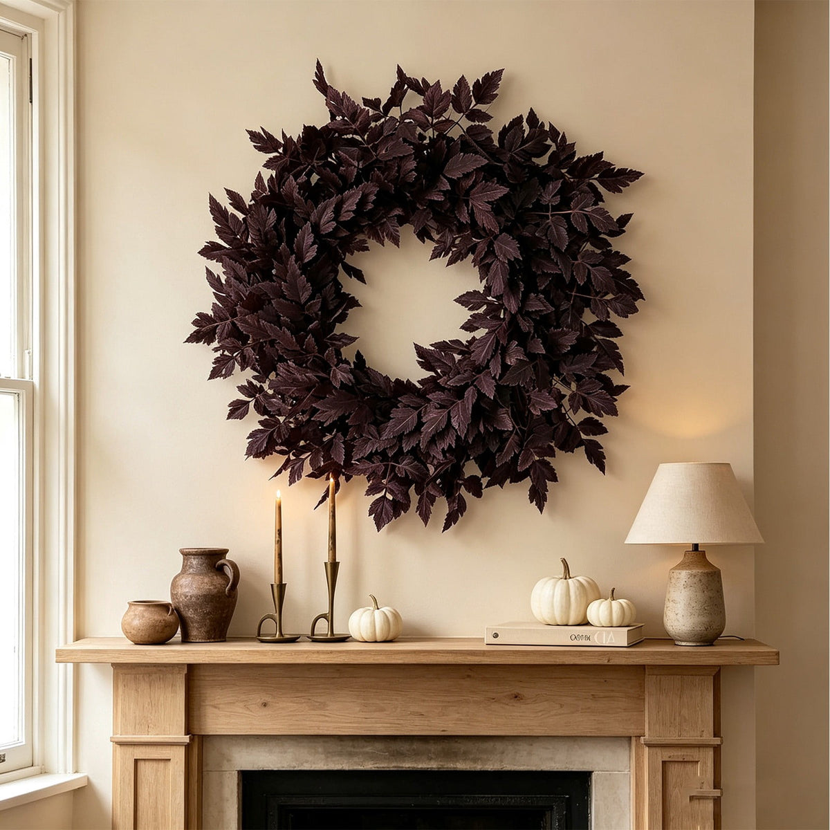 KOYPTL 24'' Artificial Forsythia Wreath Spring Summer Fall Winter Wreaths for Front Door Silk Leaves Wreath for Halloween Decorations Porch Wall Window Indoor Outdoor Home Decor (Black)