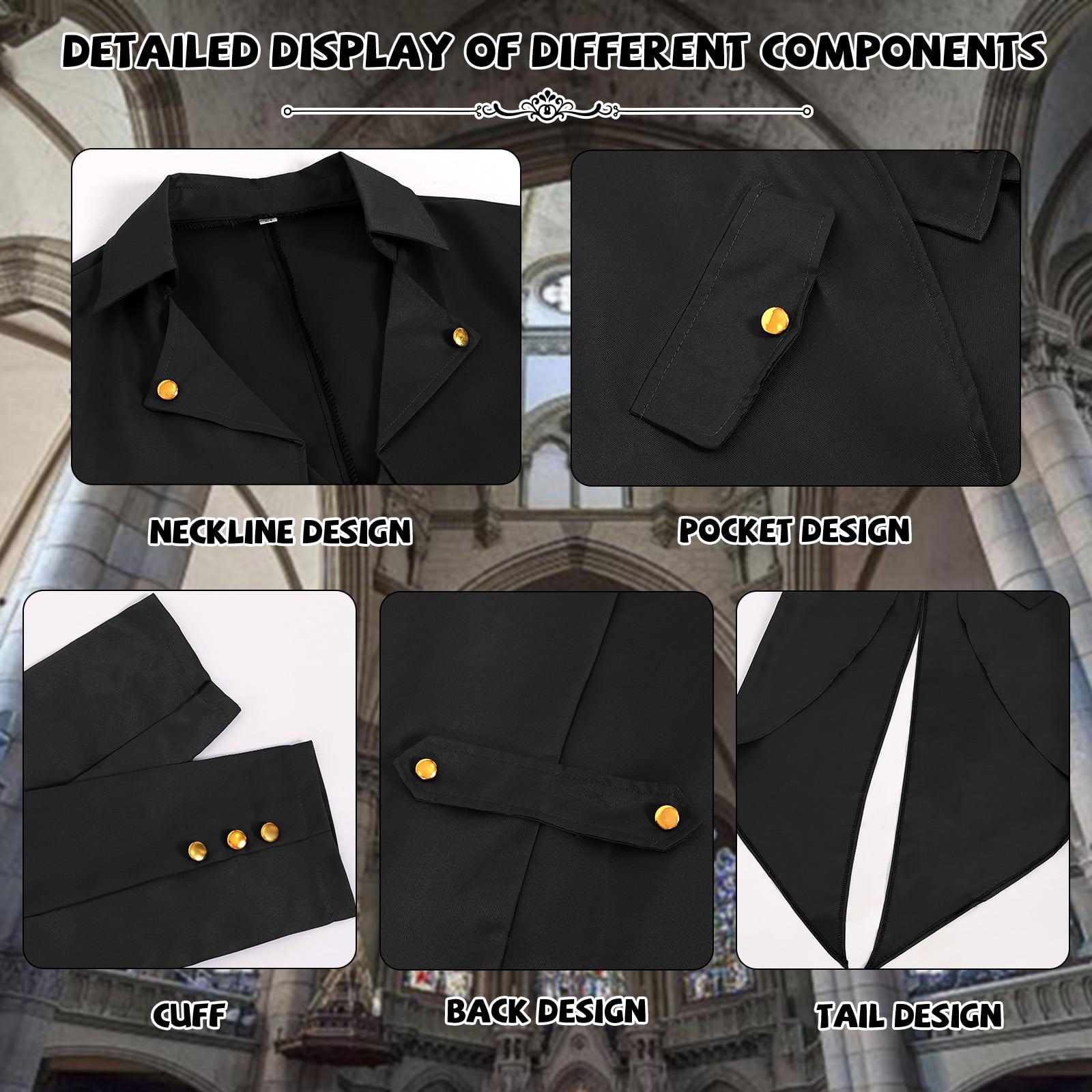 WASFDN Medieval Halloween Costumes Men's Gothic Steampunk Tailcoat Men's Medieval Victorian Jacket For Carnival Masquerade Costume,Black,XL