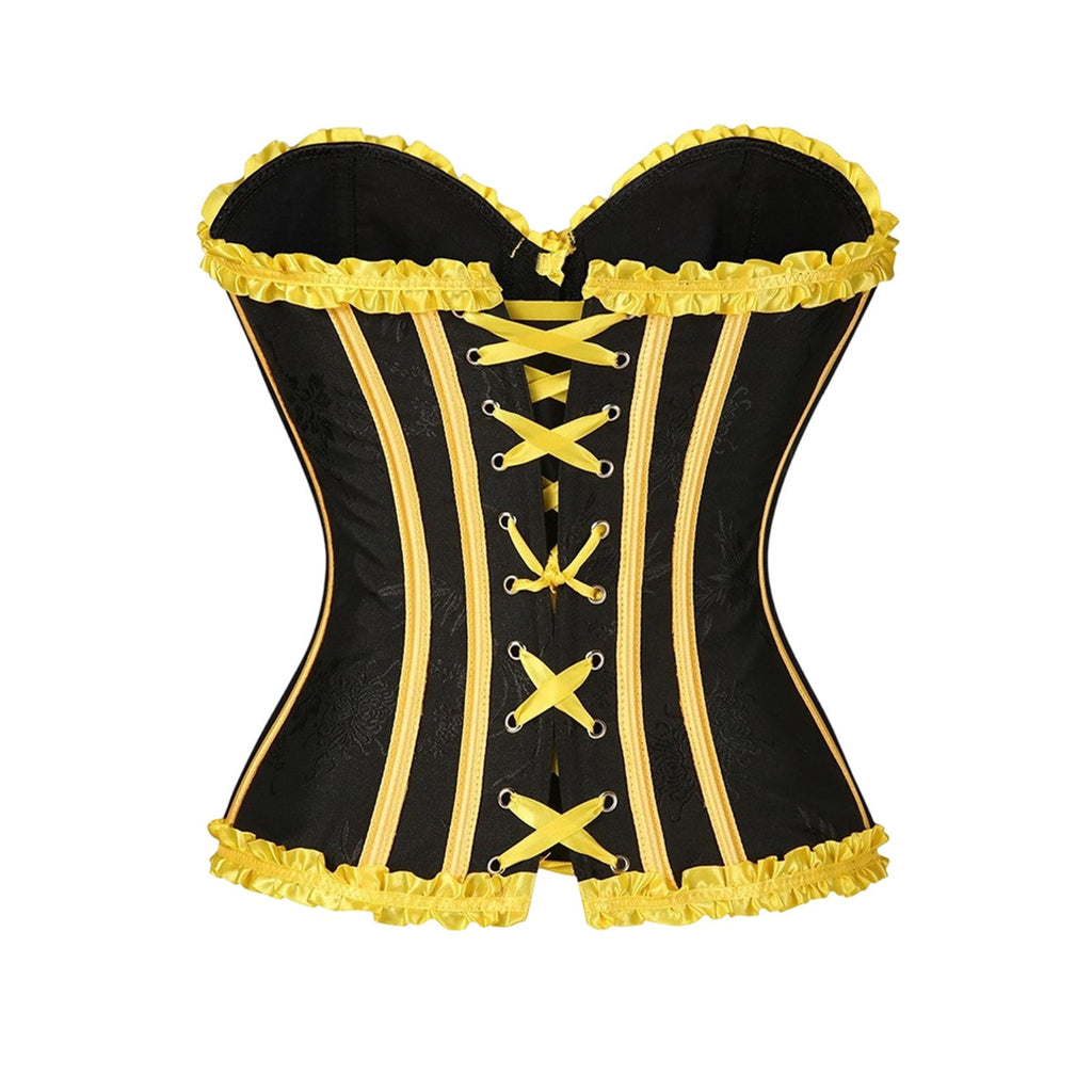 JOANKDMI Women's Chic Gothic Steampunk Corset Top with Ribbon Tie and Ruffle Trim Elegant Bustier for Pirate Roleplay and Vampire Halloween Dress Up Outfit