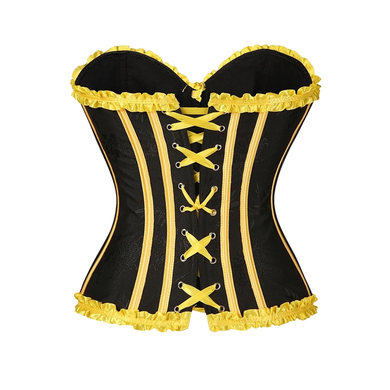 JOANKDMI Women's Chic Gothic Steampunk Corset Top with Ribbon Tie and Ruffle Trim Elegant Bustier for Pirate Roleplay and Vampire Halloween Dress Up Outfit