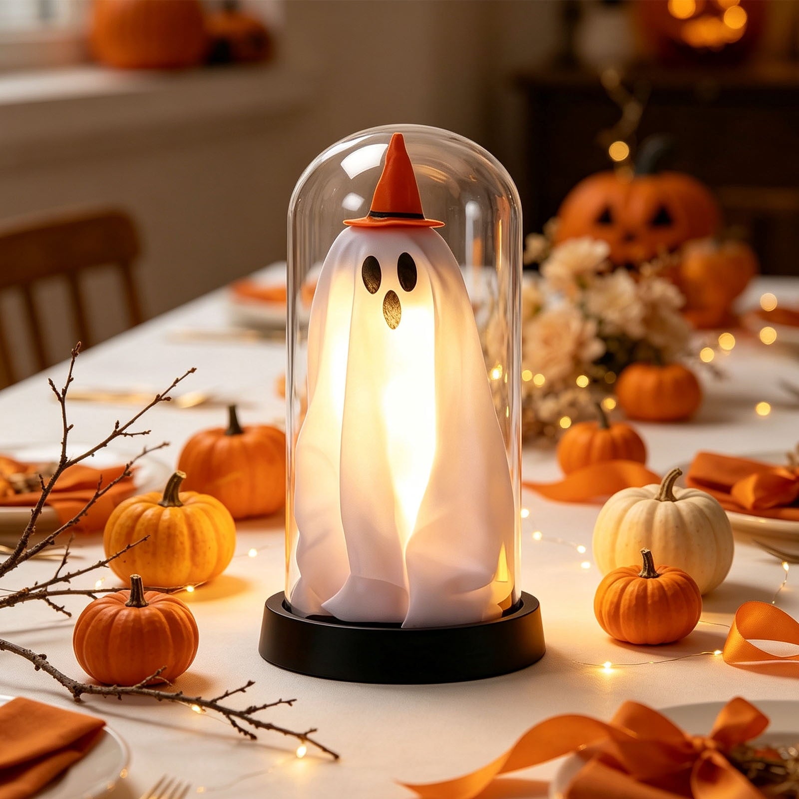 Darzheoy Halloween Decoration Ghost Cloche Lamp, with 3 Mini Figurines, Halloween Ghost Spooky, White Warm Glow, 1 Count