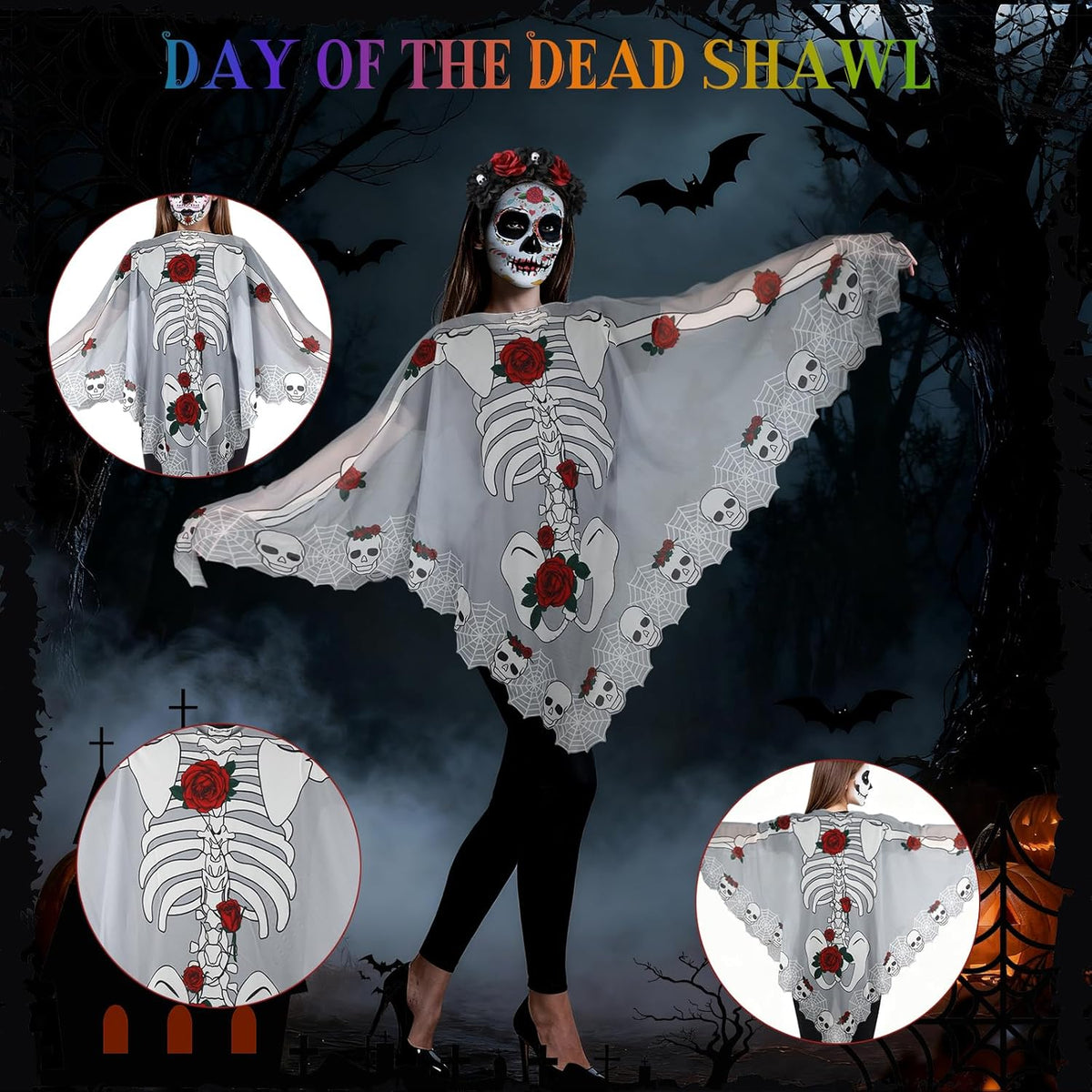 HIFOT 6pcs/set Spider Costume Adult Spider Web Poncho Tights Spider Necklace Chocker Earings Mask and Witch Hat Halloween Costumes for Women