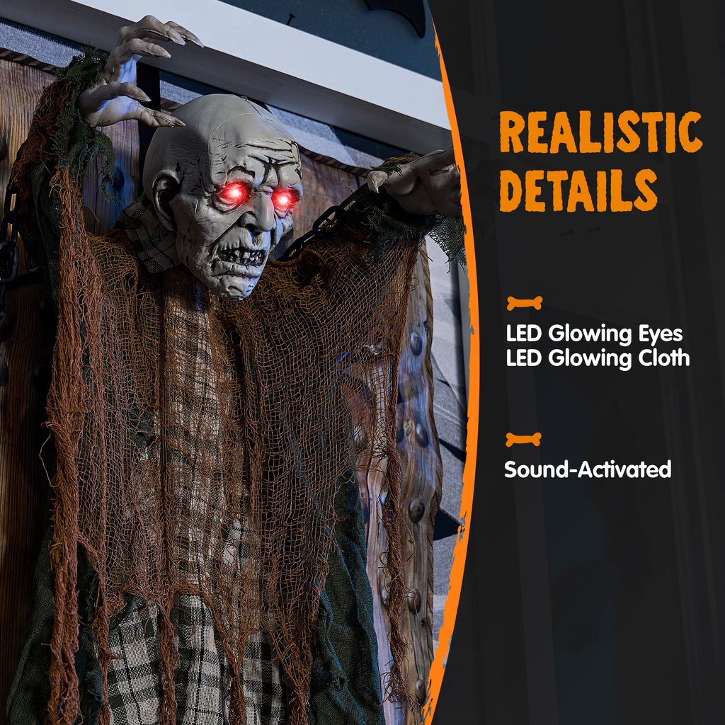 Joyfy 67" Standing Grim Reaper with Chain, Large Halloween Decorations Outdoor, Life Size Animatronics Skelton, Sound-Actived Party Decor with Creepy Sound & LED Eyes, Scary Haunted House Props