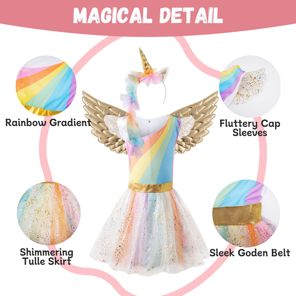 CZKHPTY Girls Rainbow Unicorn Tutu Costume Set with Headband & Wings, Kids Princess Dress Up Outfit, Sizes 9-10Y