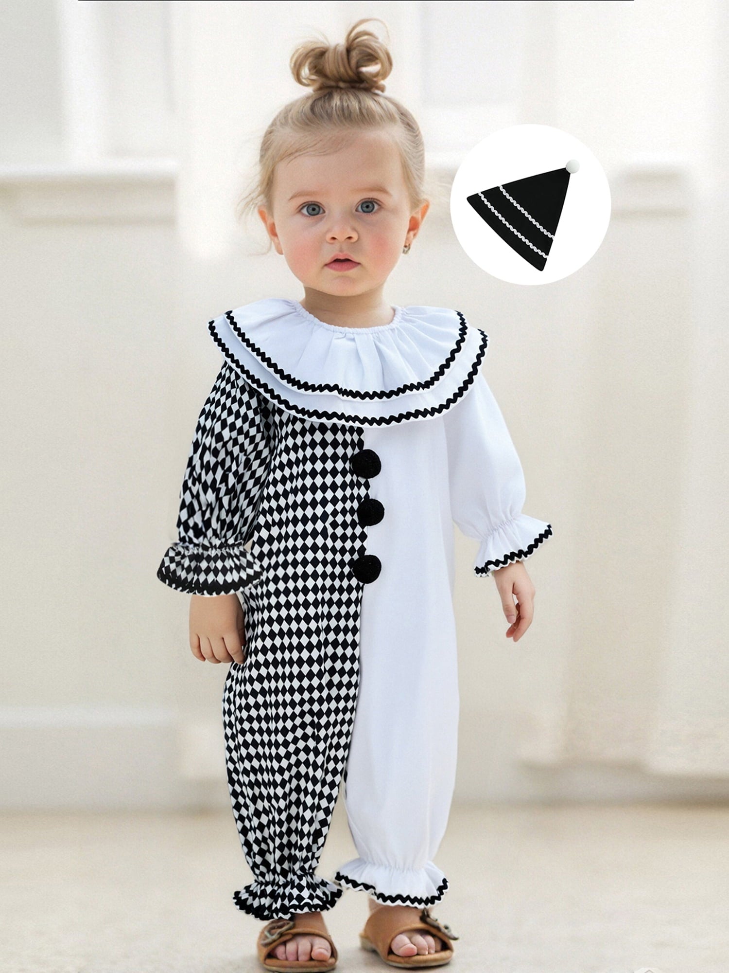 RUINIXCW Kids Toddler Baby Girl Boy Halloween Outfit Clown Costume Infant Baby Girl Boy Romper Birthday Photoshoot Outfit Contrast Color Long Sleeve Jumpsuit Hat