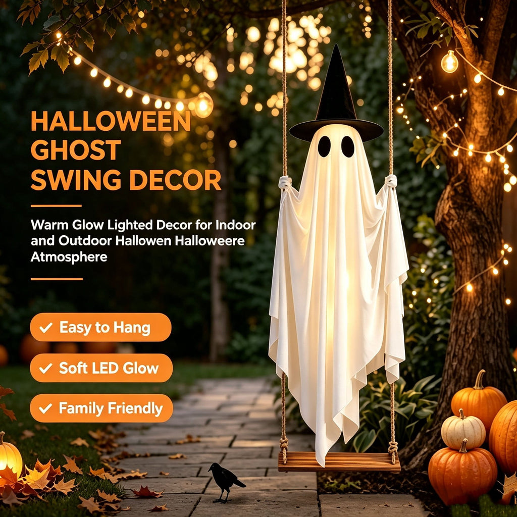 Clearance! Lighted Swing Ghost with Wooden Board, 45" Halloween Decorations Outdoor, Spooky Cute Ghosts Decorations for Front Porch Yard Tree