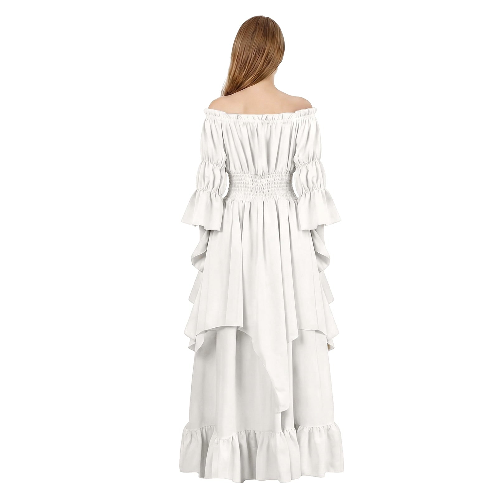 IROOZIGOTO Womens White Medieval Renaissance Maxi Dress Off Shoulder Long Flare Sleeve with Brown Lace Up Corset Belt Halloween Cosplay Costume