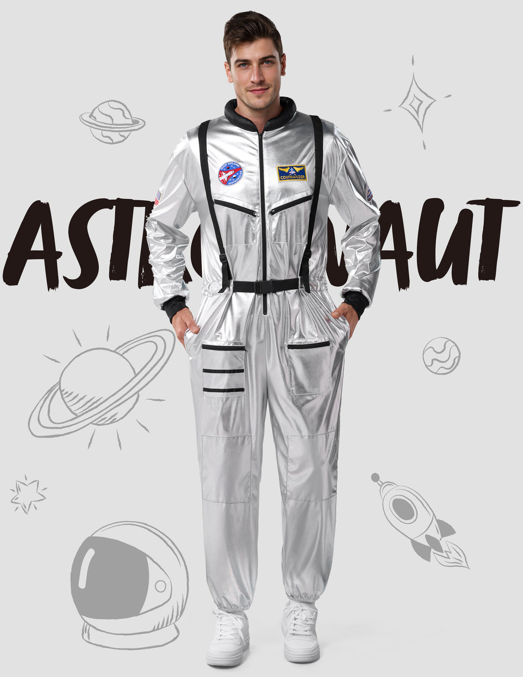 Joyfy Adult Men Astronaut Costume Halloween Spaceman Costume Silver Space Suit Spaceman Jumpsuit Pilot Outfit for Halloween Party Cosplay