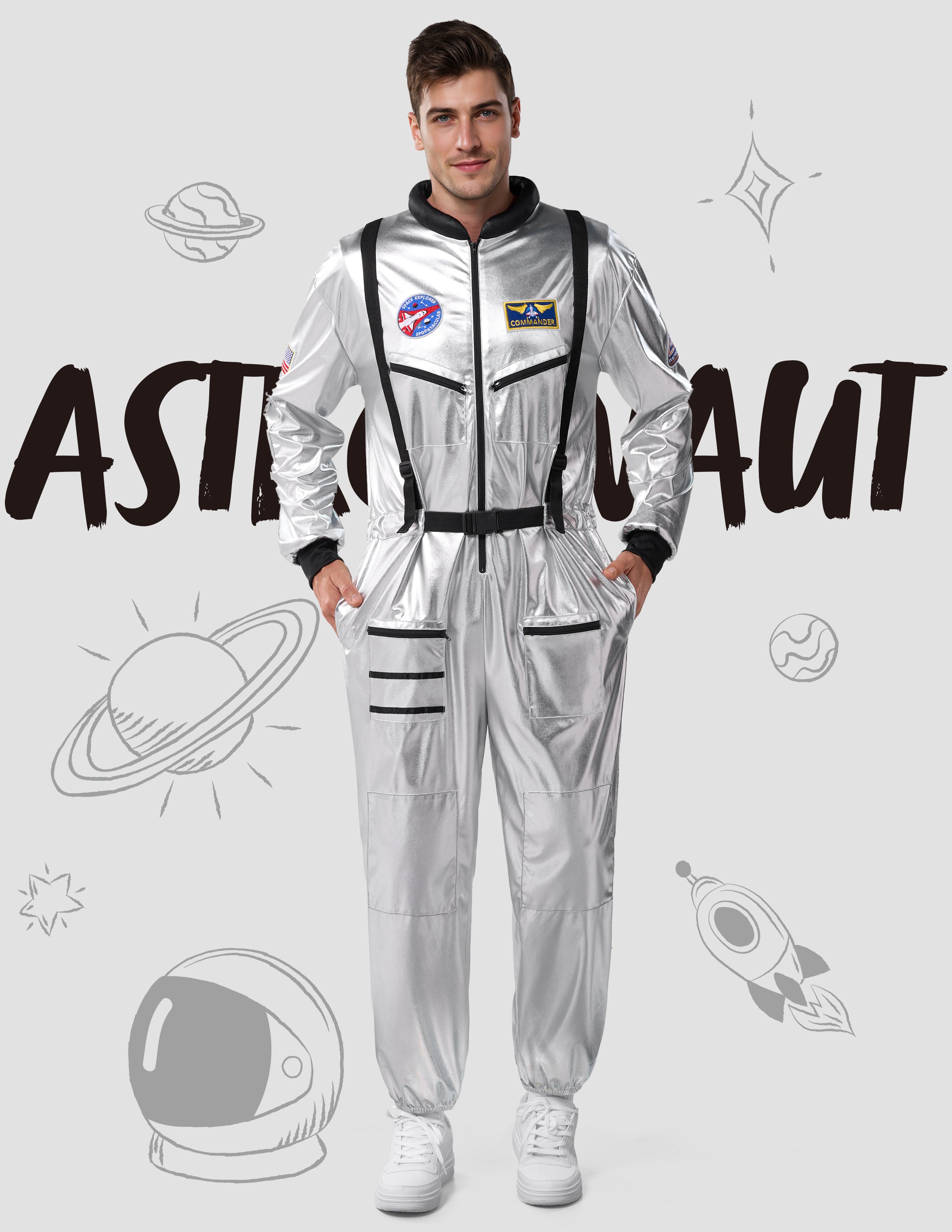 Joyfy Adult Men Astronaut Costume Halloween Spaceman Costume Silver Space Suit Spaceman Jumpsuit Pilot Outfit for Halloween Party Cosplay