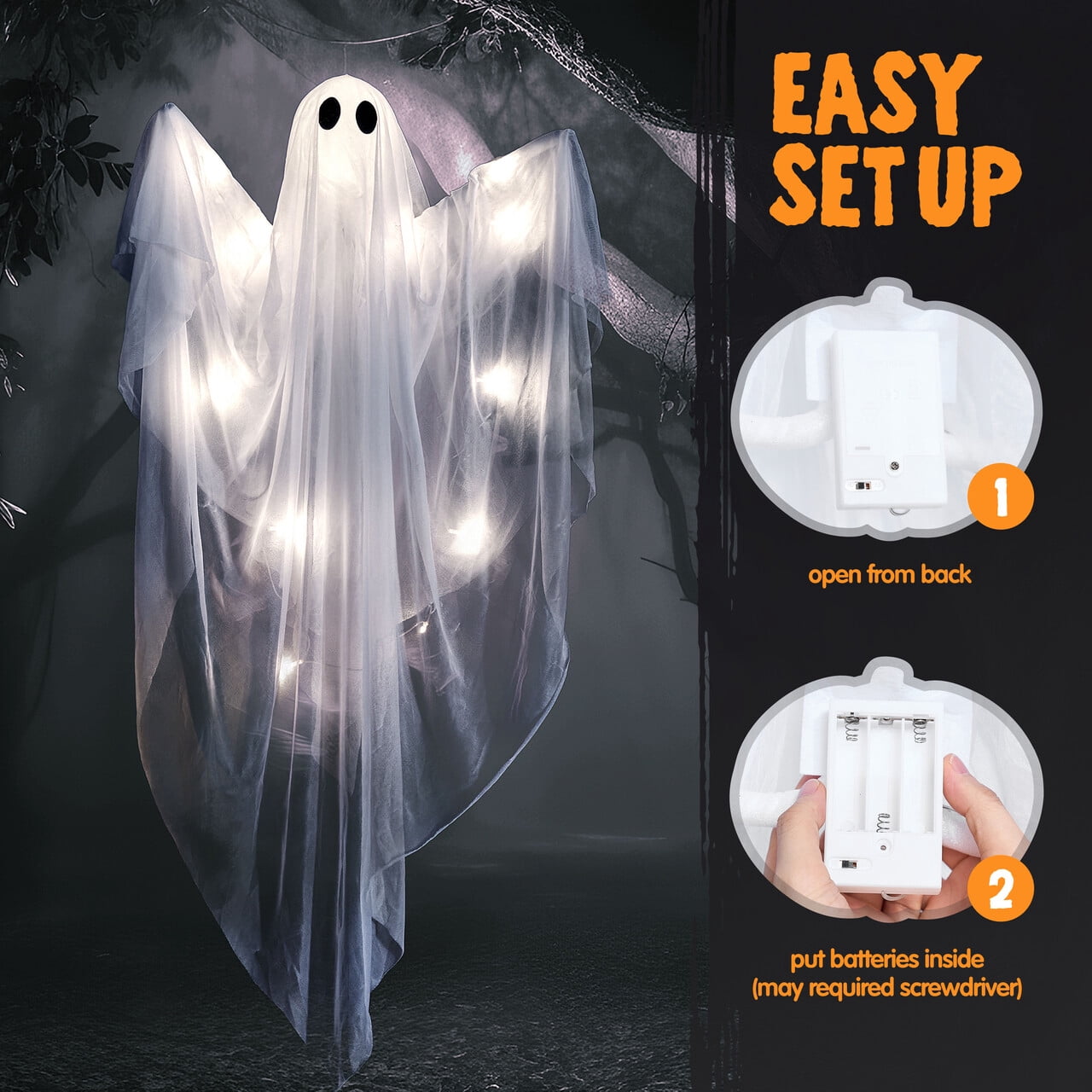 Joyfy 47inch Halloween Decorations Outdoor Hanging Ghost,Light up White Ghosts with Spooky Warm White LED Light,Halloween Outdoor Yard Porch Decorations,Haunted House Decorations