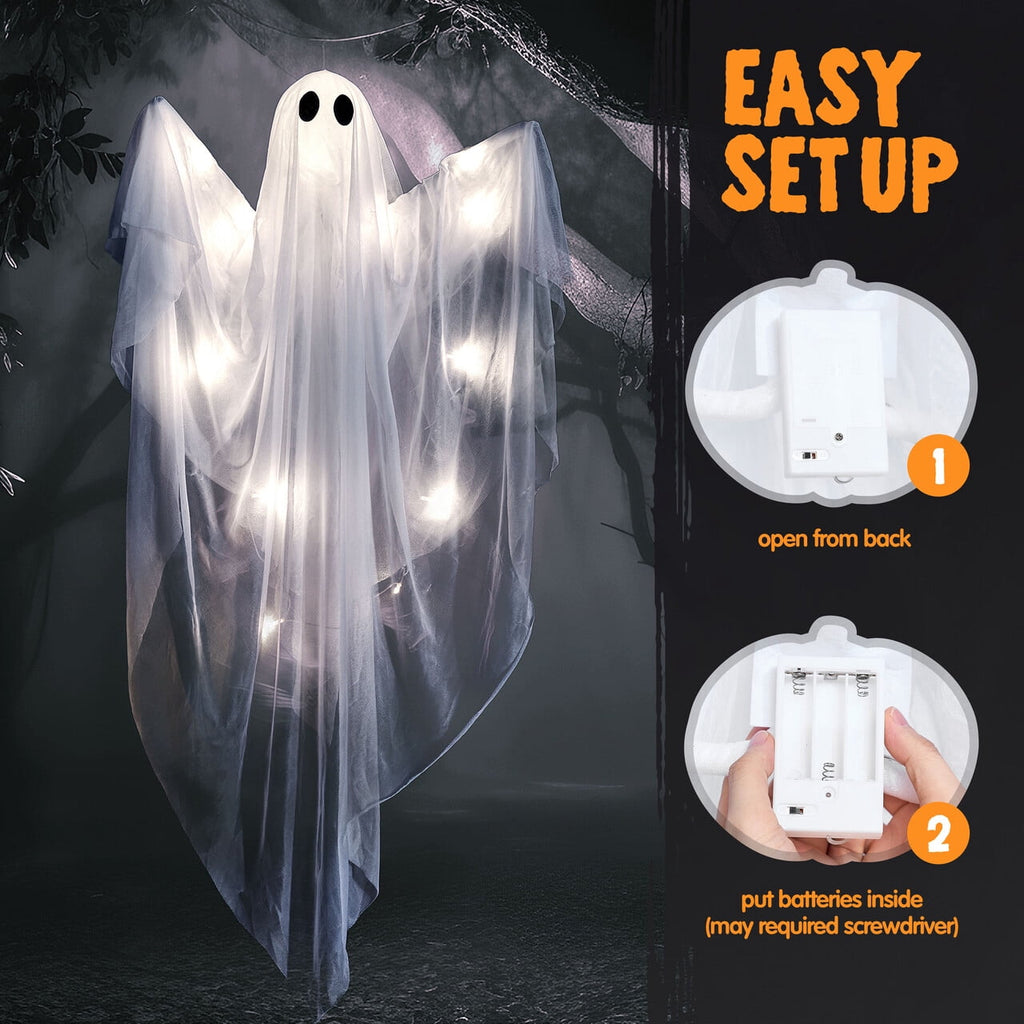 Joyfy 47" Halloween Hanging Light up Ghost Decorations Outdoor,White Ghosts with Blue LED Light and Timer Halloween Hanging Decoration Waterproof for Front Yard Patio Lawn