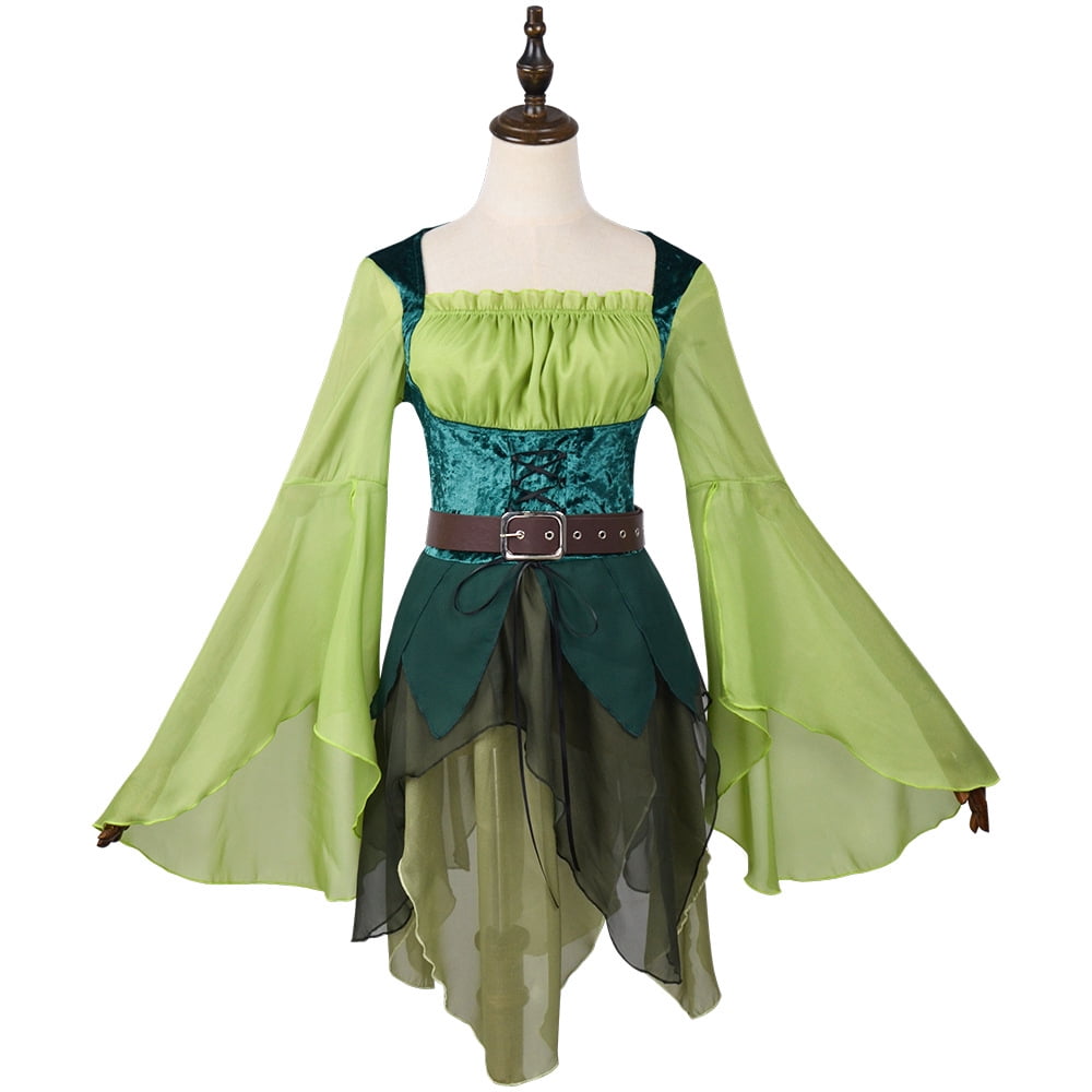 GOBWCOT Women's Elf Costume, Medieval Green Magic Elf Dress with Wings and Ears, Halloween Party Outfit Set