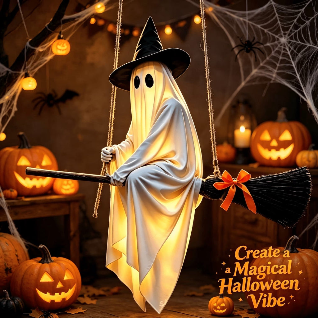 Mivyn Hanging Ghost Decor, Light-Up Flying Ghost on Broomstick with Witch Hat,Spooky Cute Outdoor Halloween Decorations for Front Porch Yard, 5 FT, 1 Pack