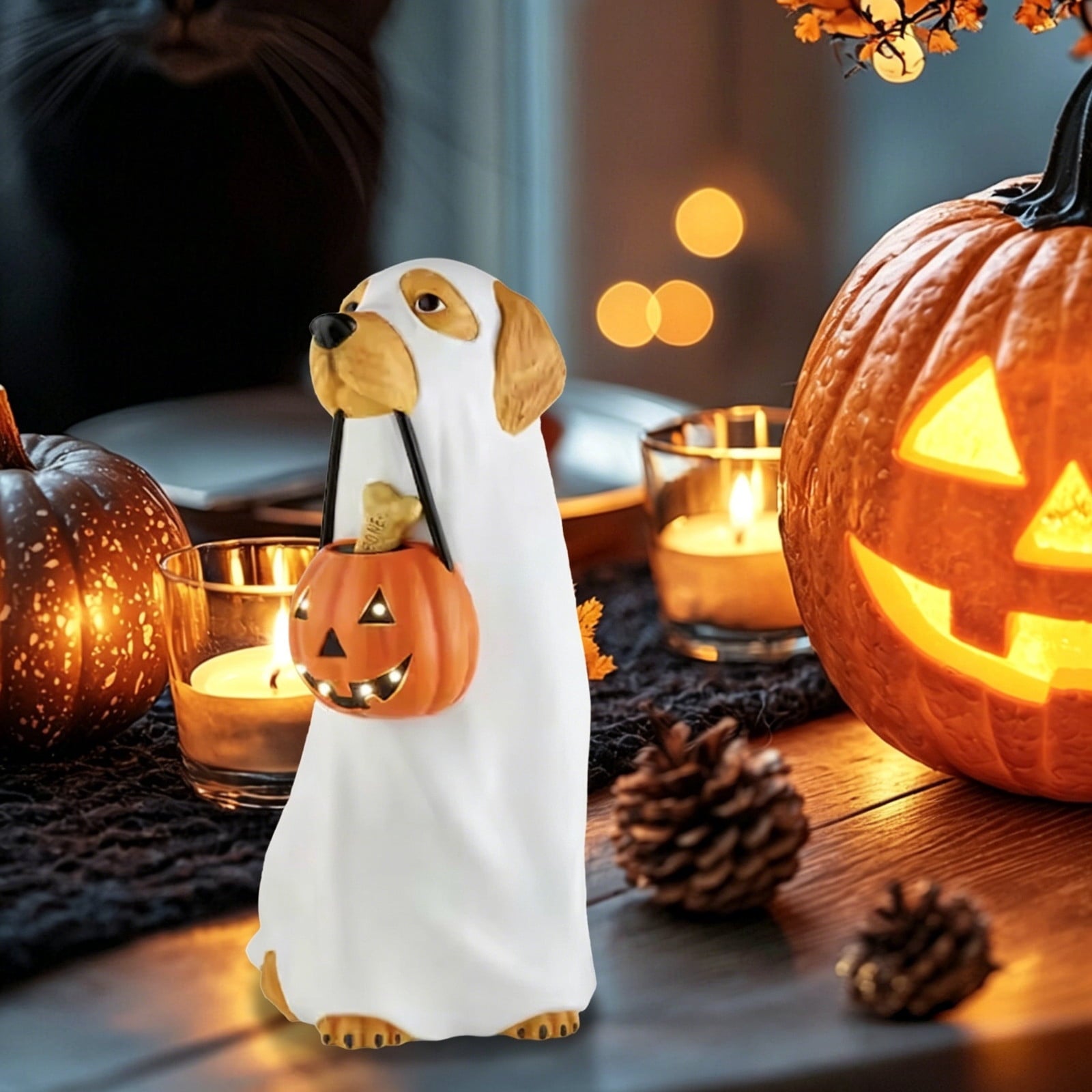 Large‑Size Resin Ghost Dog Blow Mold LED Lit Ornament, Detailed Light‑Up Dog Statue, Eye‑Catching Tabletop Decor For Indoor Halloween Home Styling