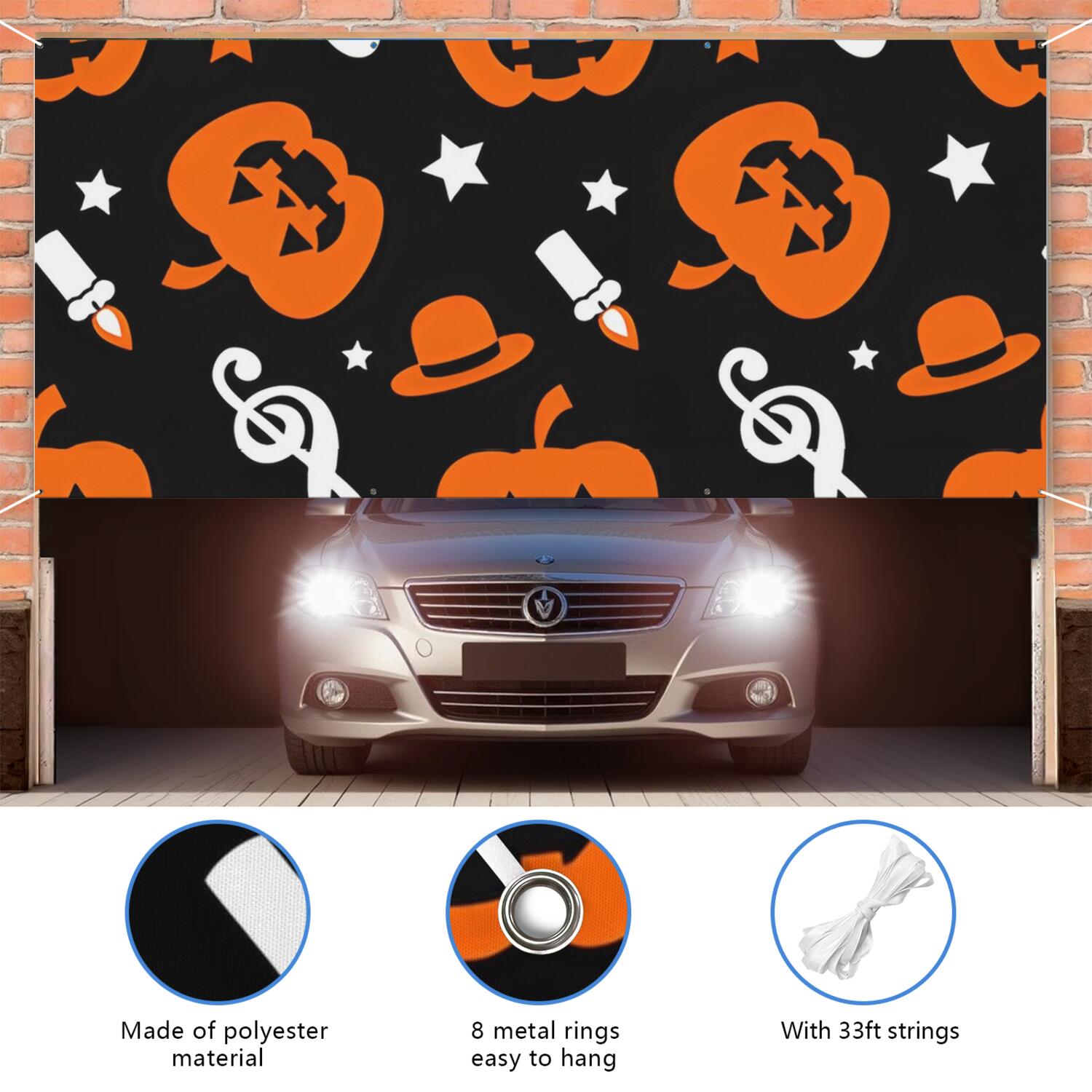 Halloween Garage Door Cover - 13x6ft Spooky Ghost Pumpkin Skull Witch Black Cat Polyester Backdrop for Outdoor Decor