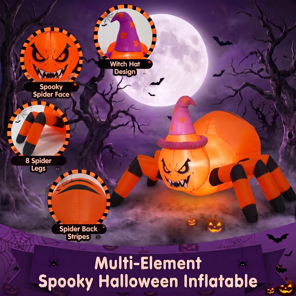 Glazina 6 FT Halloween Inflatable Pumpkin Spider with Witch Hat, Built-In LED Lights, Outdoor Halloween Blow Up Yard Decoration