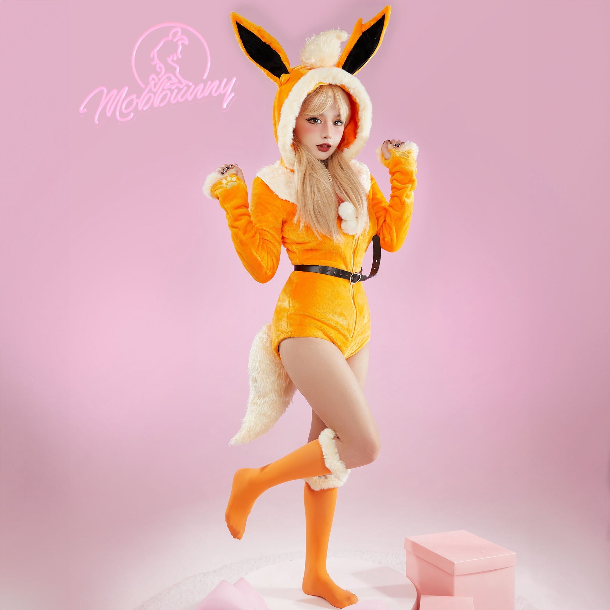 Women sexy Fluffy Hooded Bodysuit Halloween Deep V Kawaii One Piece Lingerie Rompers with Choker and Socks