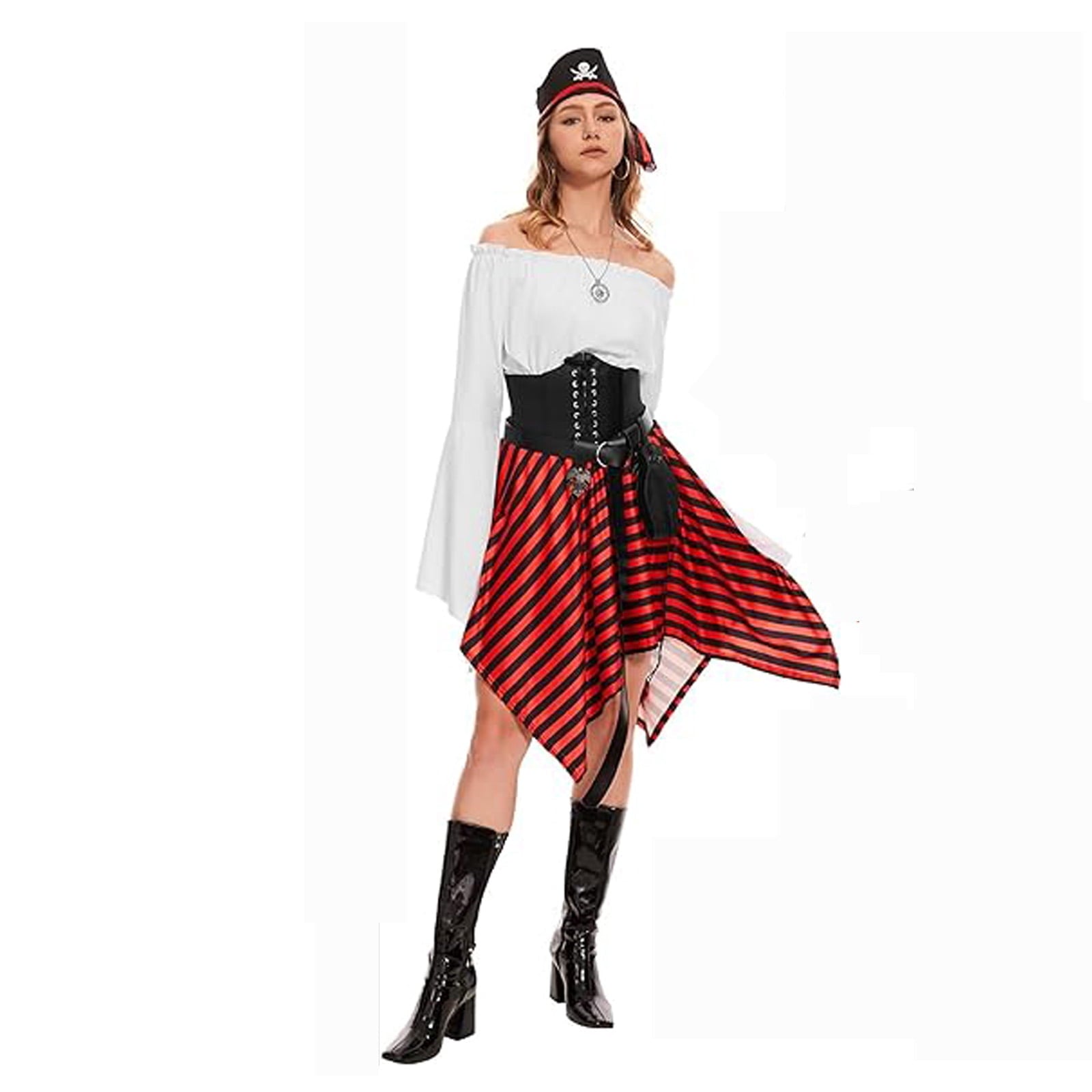 HNKMDK Adult Pirate Costumes for Women Halloween Queen Costumes Renaissance Shirts Pirate Skirts Turbans Waistbands Eye Masks(White,L)