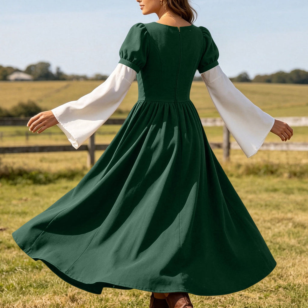 Hurxie Renaissance Costume Women Peasant Medieval Dress Maxi Fairy Dresses with Bell Sleeve Vintage Ren Faire Outfit