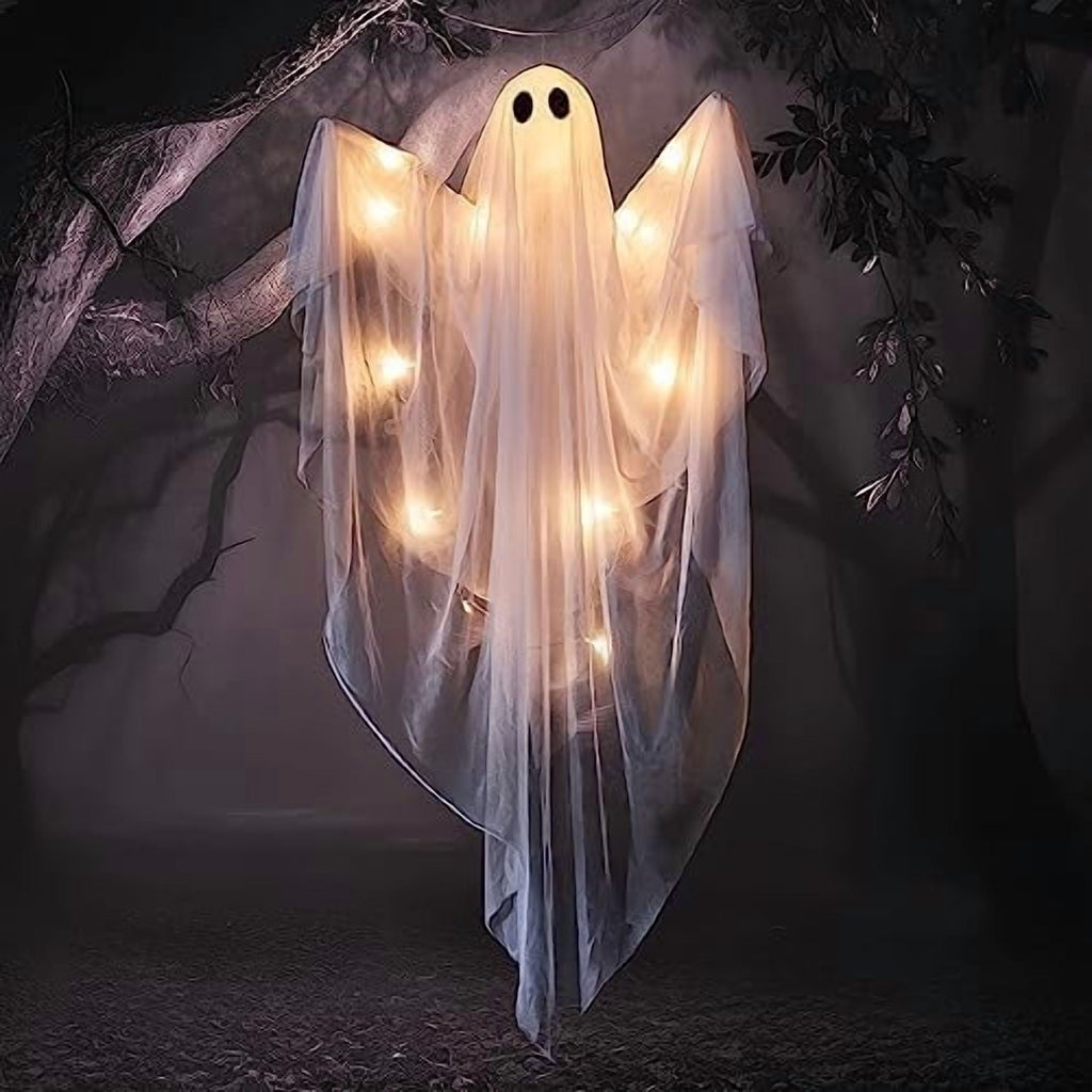 Ayieyill Halloween Ghost Decor with Warm White LED Light, 47” Light up Hanging Ghost Halloween Yard Porch Decorations Outdoor