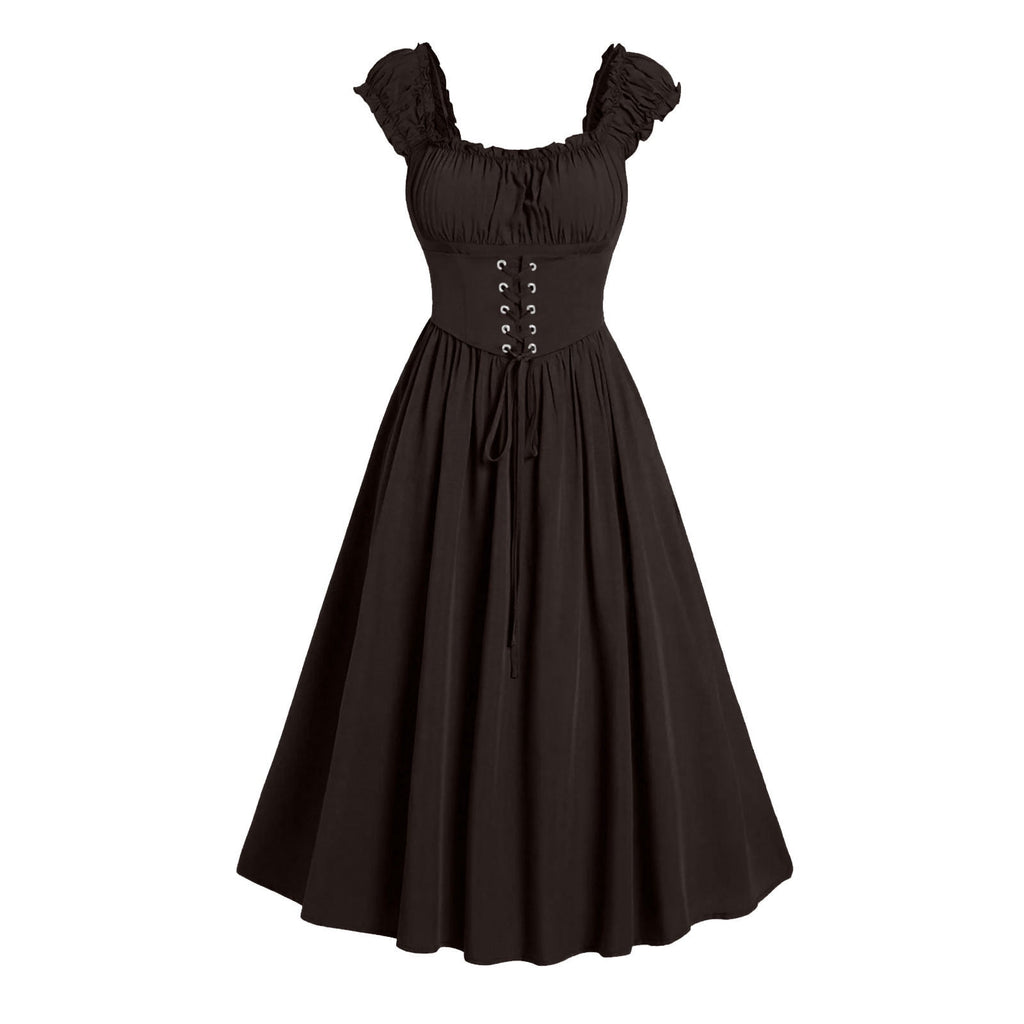 Jsaierl Womens Vintage Medieval Dress Renaissance Pleated Dress with Corset Patchwork Ball Gown Sleeveless Lace Up Midi Dresses