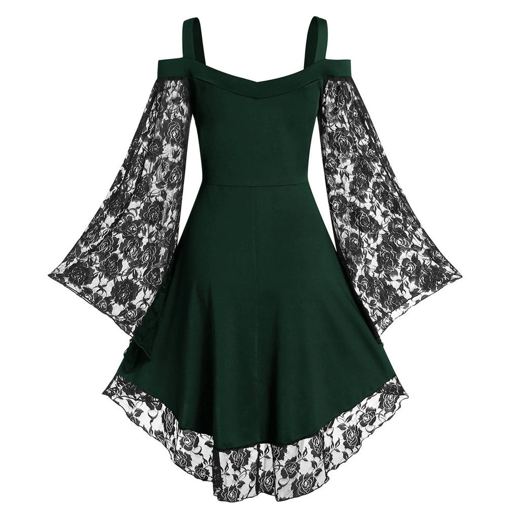 LYXSSBYX Halloween Costume for Women Cosplay Costumes Women Patchwork Skull Lace Splicing Long Sleeve Vintage Party Dark Gothic Dress