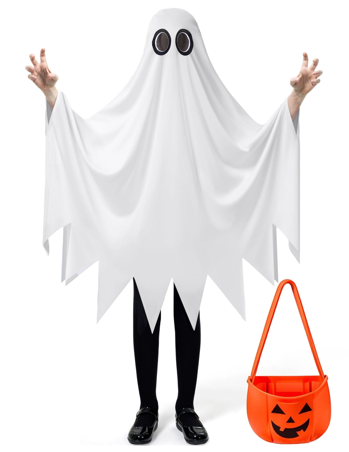Joyfy Kids Ghost Costume, Halloween Ghost Costume, White Silent Ghost Costume with Pumpkin Bag for Toddler Boys Girls Halloween Party Dress Up Cosplay