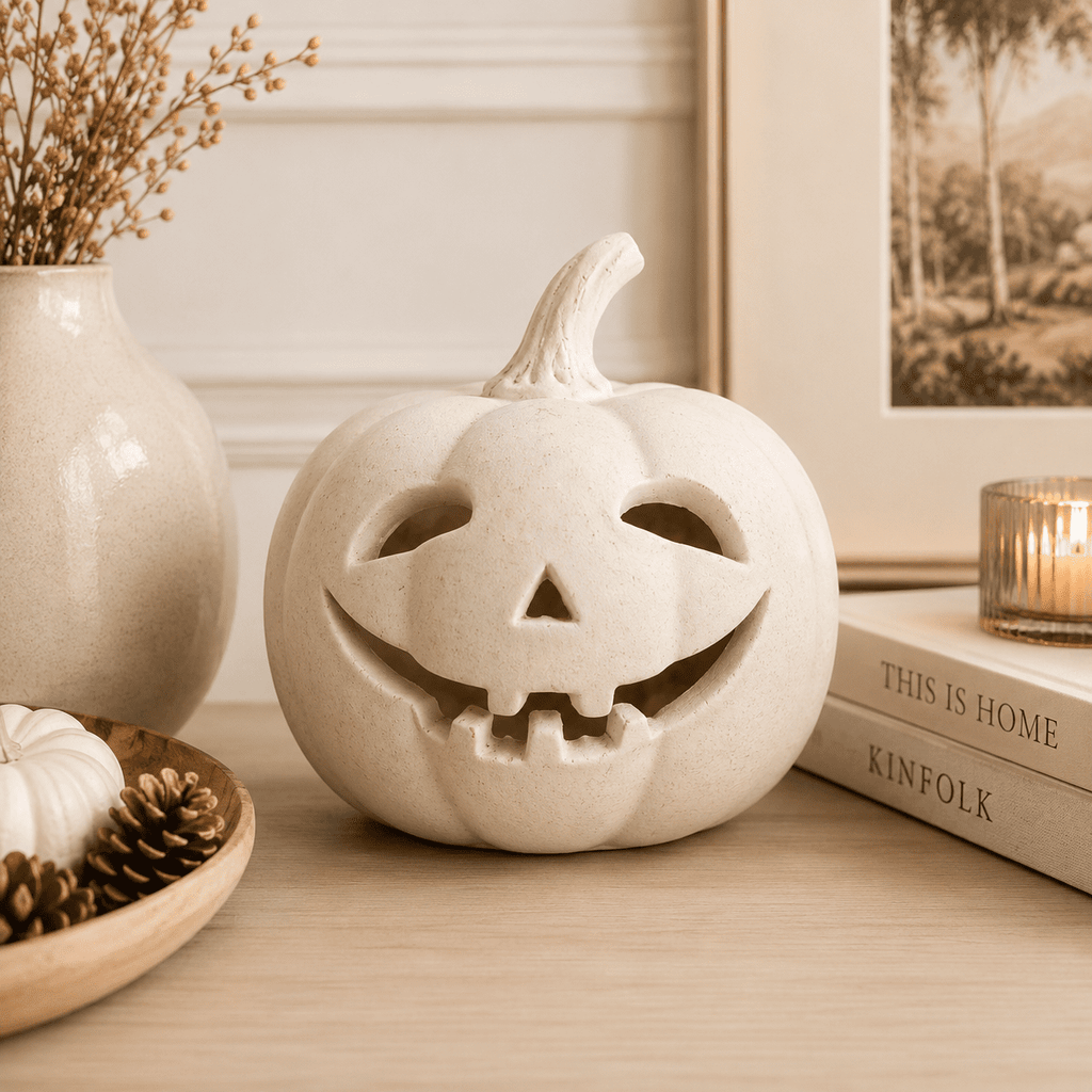 Halloween Handcrafted Jack-O'-Lantern, 5.5" Hand-Carved Pumpkin Decor, Durable Kiln-Fired Autumn Halloween Centerpiece for Indoor Tabletop, Mantle & Fall Home Decoration 2026