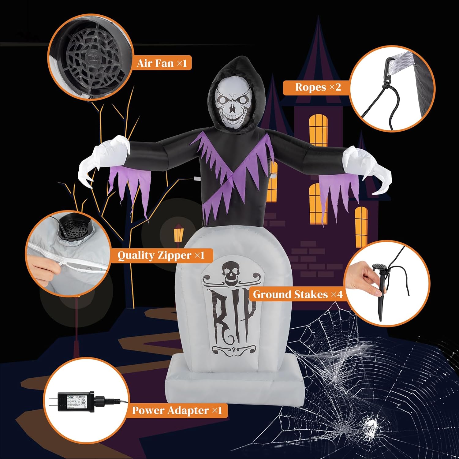VINGLI Inflatable Halloween Outdoor Decorations, Blow Up Yard Decorations, Built-in LED Lights Décor for Indoor Home Party Garden Lawn Store, 6FT Death and The Grave