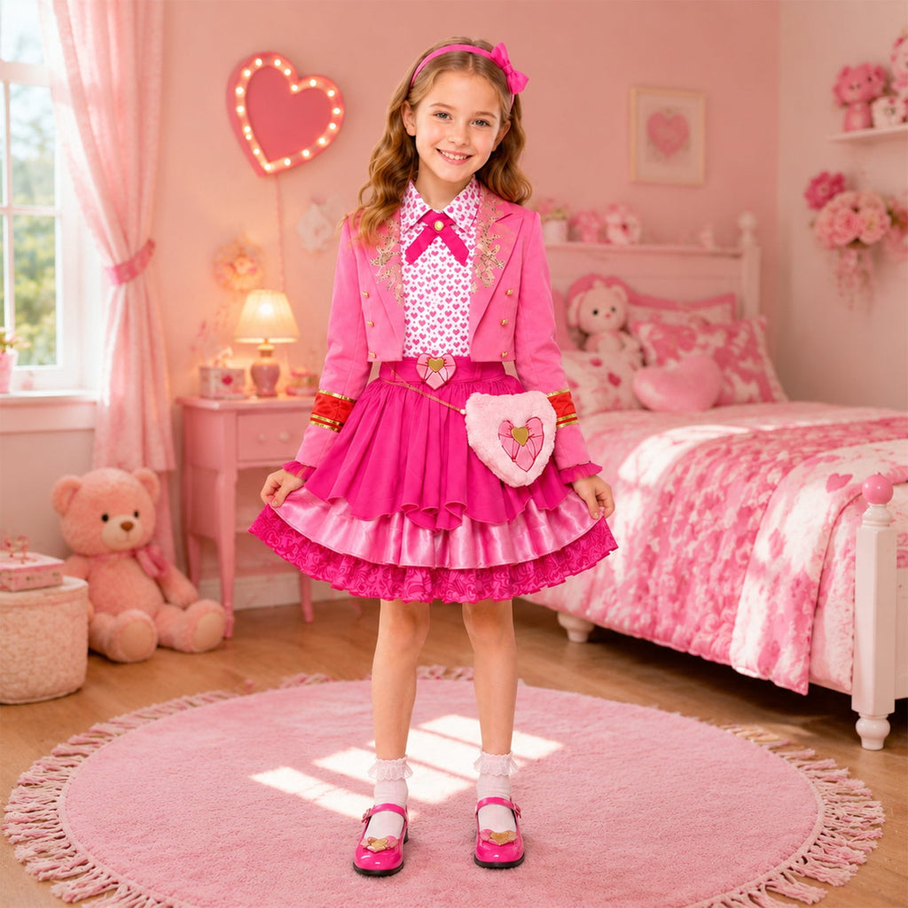 Guvpev G'irls Halloween Princess Costume, Pink Princess Dress Full Set with Heart Print Jacket, Shirt, Layered Skirt & Fuzzy Bag, Halloween Cosplay Outfits for Birthday Party & Fancy Dress Up