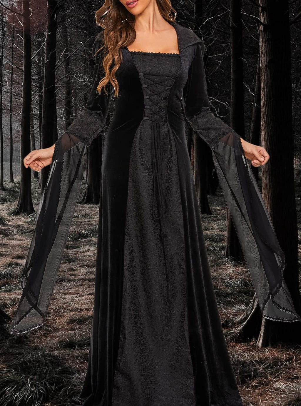 Halloween Witch Costume Women, Deluxe Witch Dress Costume, Vintage Embroidered Renaissance Gothic Hooded Vampire Gown Dress Cosplay Costumes Red S