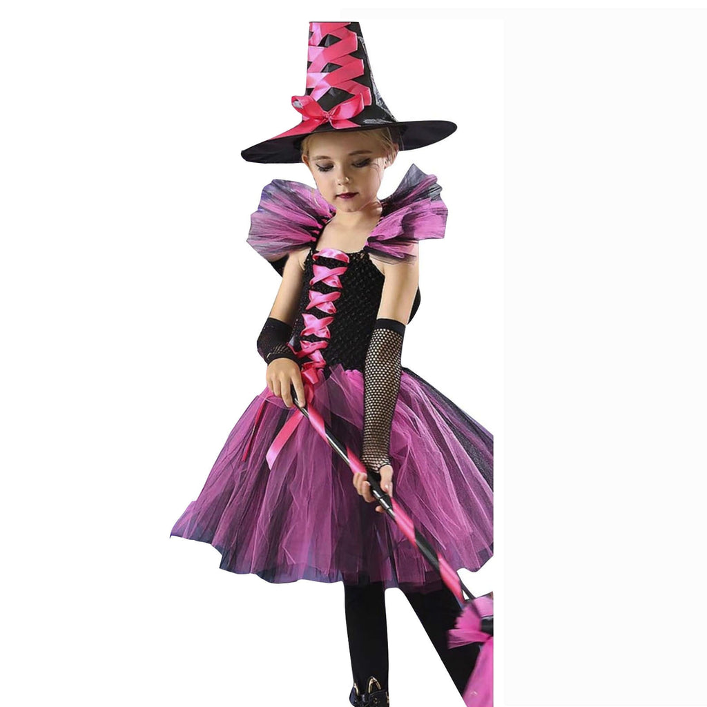 Girl Witch Outfit Tutu Mesh Dress Black Lace Cloak Halloween Outfits Kids 7-8 Years Halloween Outfit Dress Up