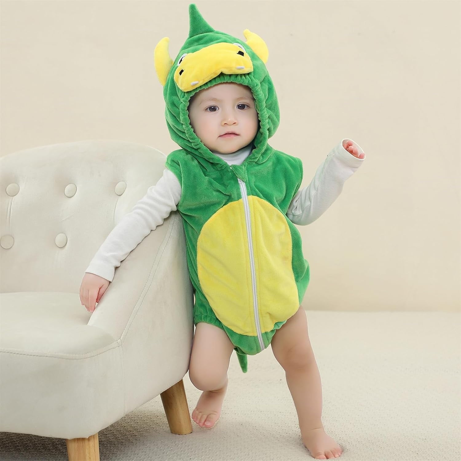 WIBACKER 0-24M Baby Boy Dinosaur Costume for Themed Parties and Halloween, Flannel Hooded Outfit Suit