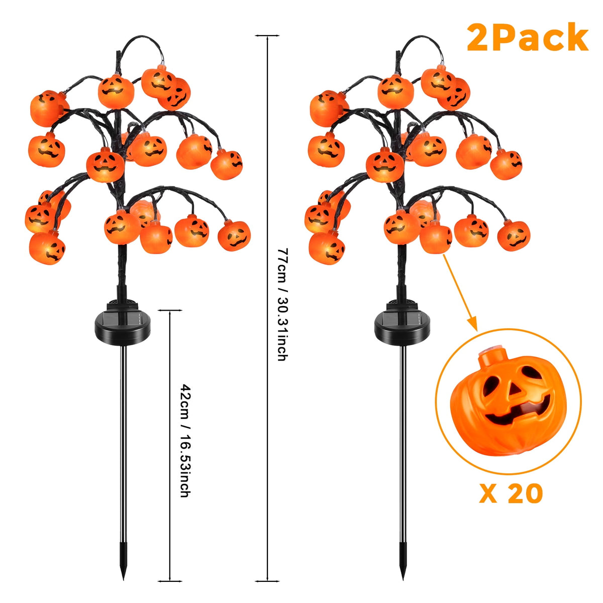 Qoosea 2 packs 40 LEDs Solar Halloween Pumpkin Stake Lights, 2 Modes Outdoor Waterproof Halloween Decorations, Solar Halloween Lights Stakes for Garden Yard Pathway