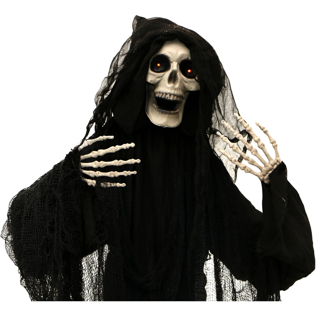 Haunted Hill Farm 5 ft Life-Size Animated Grim Reaper Prop w/ Chain and Rotating Head for Indoor or Outdoor Halloween Decoration, Battery-Operated
