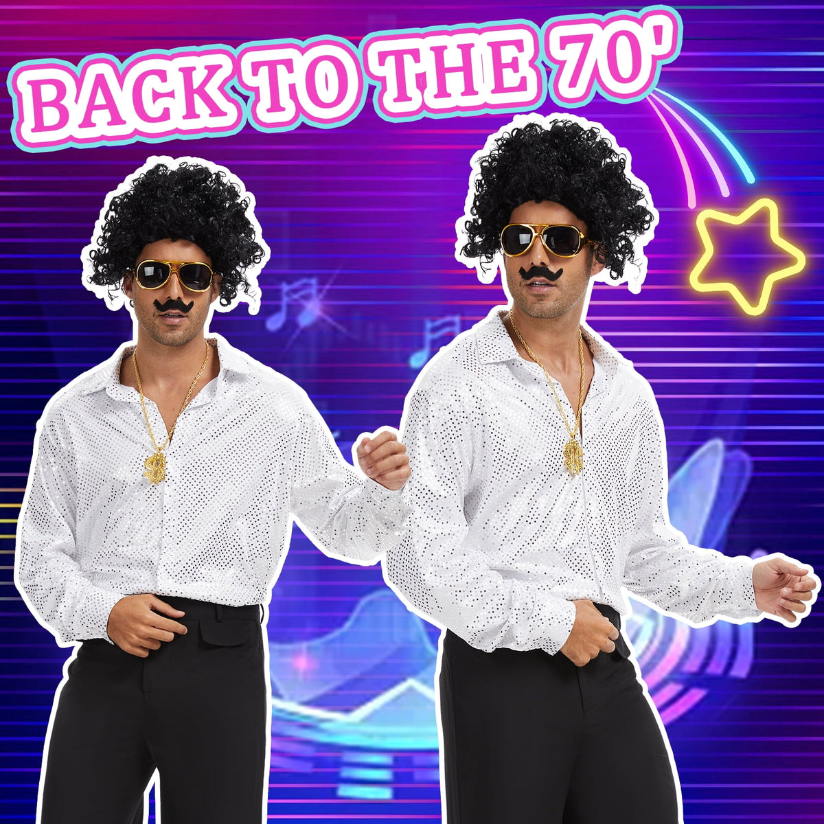 MYATED 70s Disco Costume for Men 6 Pcs Dance Bell Bottom Pants Retro Shirts Wigs Sunglasses Necklace Shirts for Disco Party (Black,L)