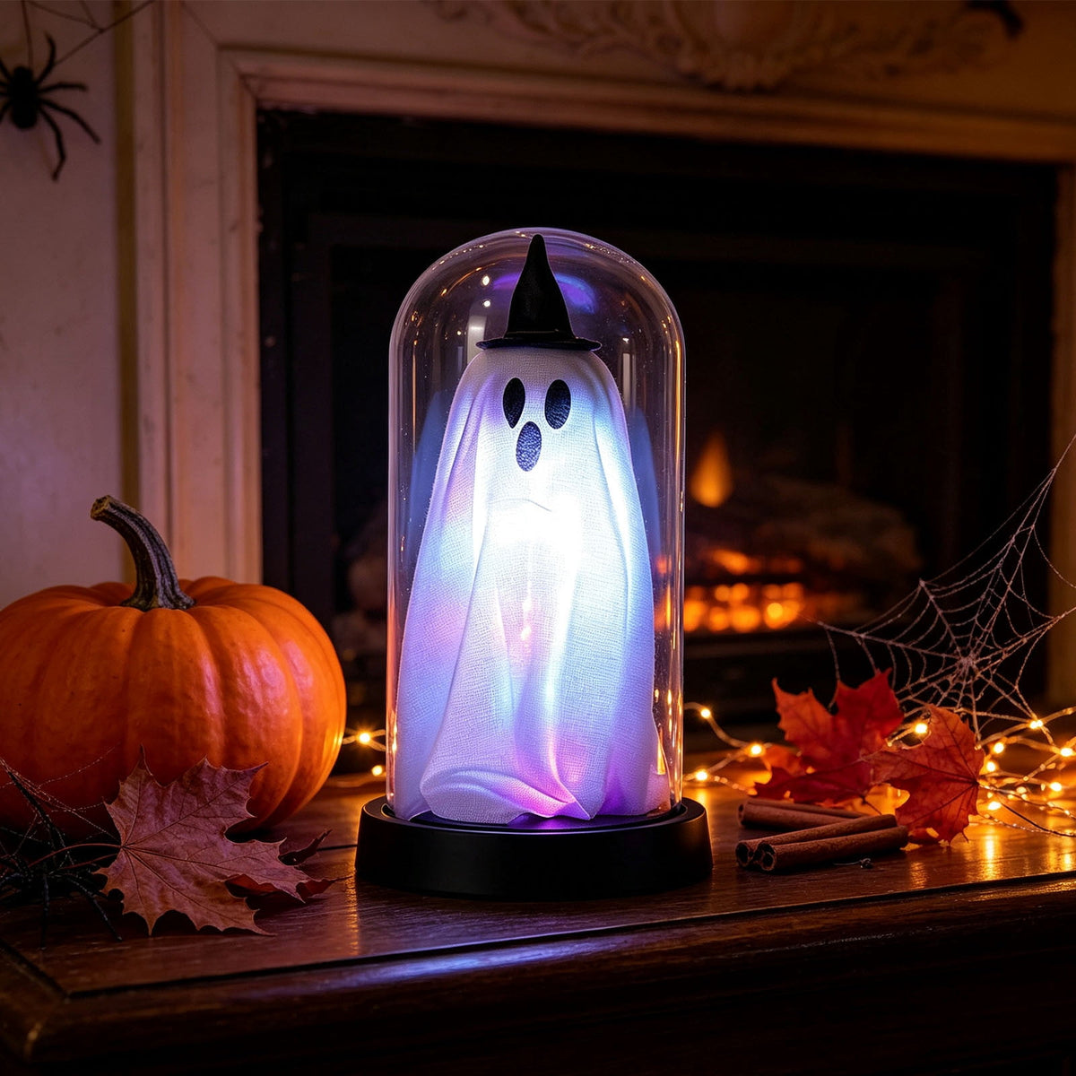 Darzheoy Halloween Decoration Ghost Cloche Lamp, with 3 Mini Figurines, Halloween Ghost Spooky, White Warm Glow, 1 Count