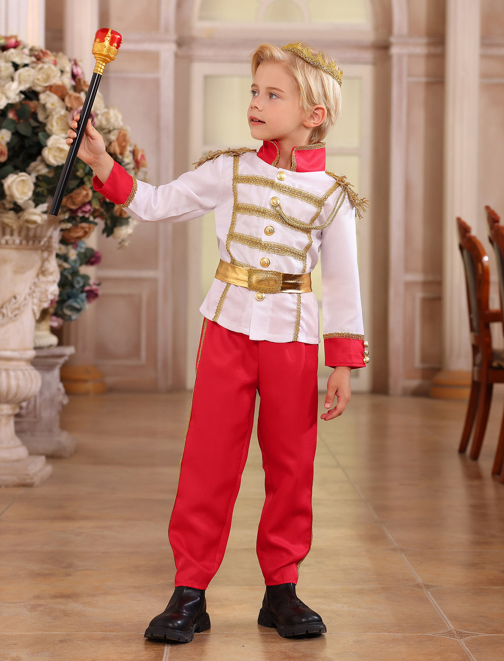 IBTOM CASTLE Boys Prince Charming Costume Halloween Cosplay Dress up Birthday Party Medieval Royal Prince Outfits for Toddler Child 3-4 Years Red 4pcs