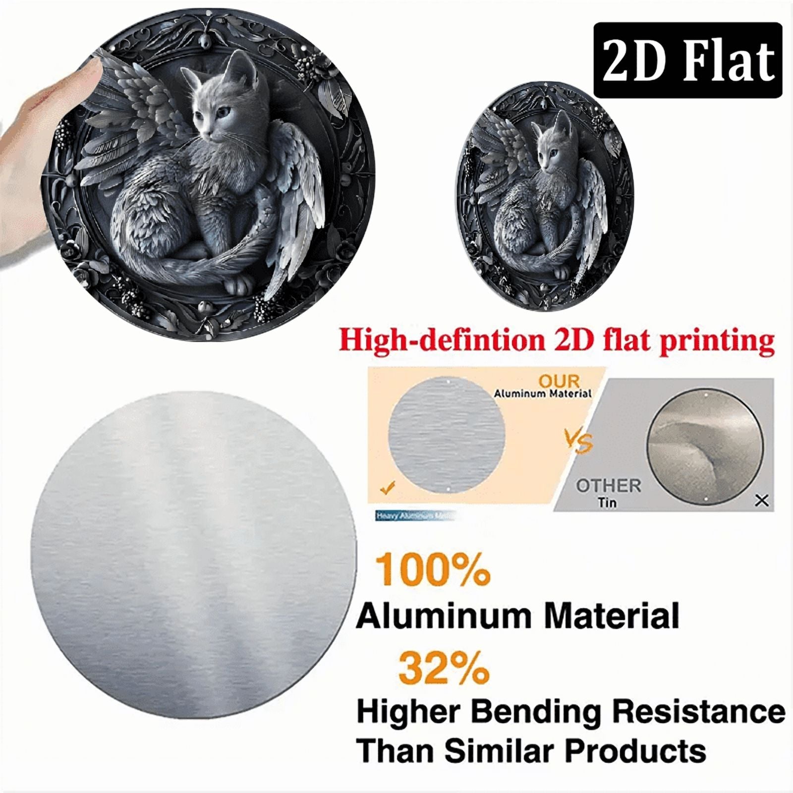2D Flat, Vintage Angel Cat Round Aluminum Wall Art Sign 8*8 Inch, Detailed Gray Winged Cat Design with Feathers & Floral Patterns, Perfect for Home, Office, Bar, or Kitchen Decor, Unique Halloween