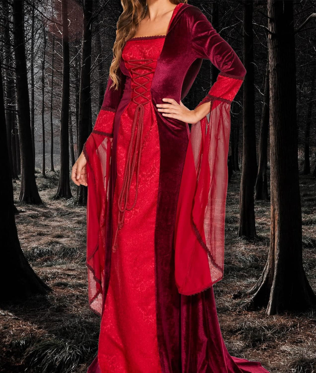 Halloween Witch Costume Women, Deluxe Witch Dress Costume, Vintage Embroidered Renaissance Gothic Hooded Vampire Gown Dress Cosplay Costumes Black M