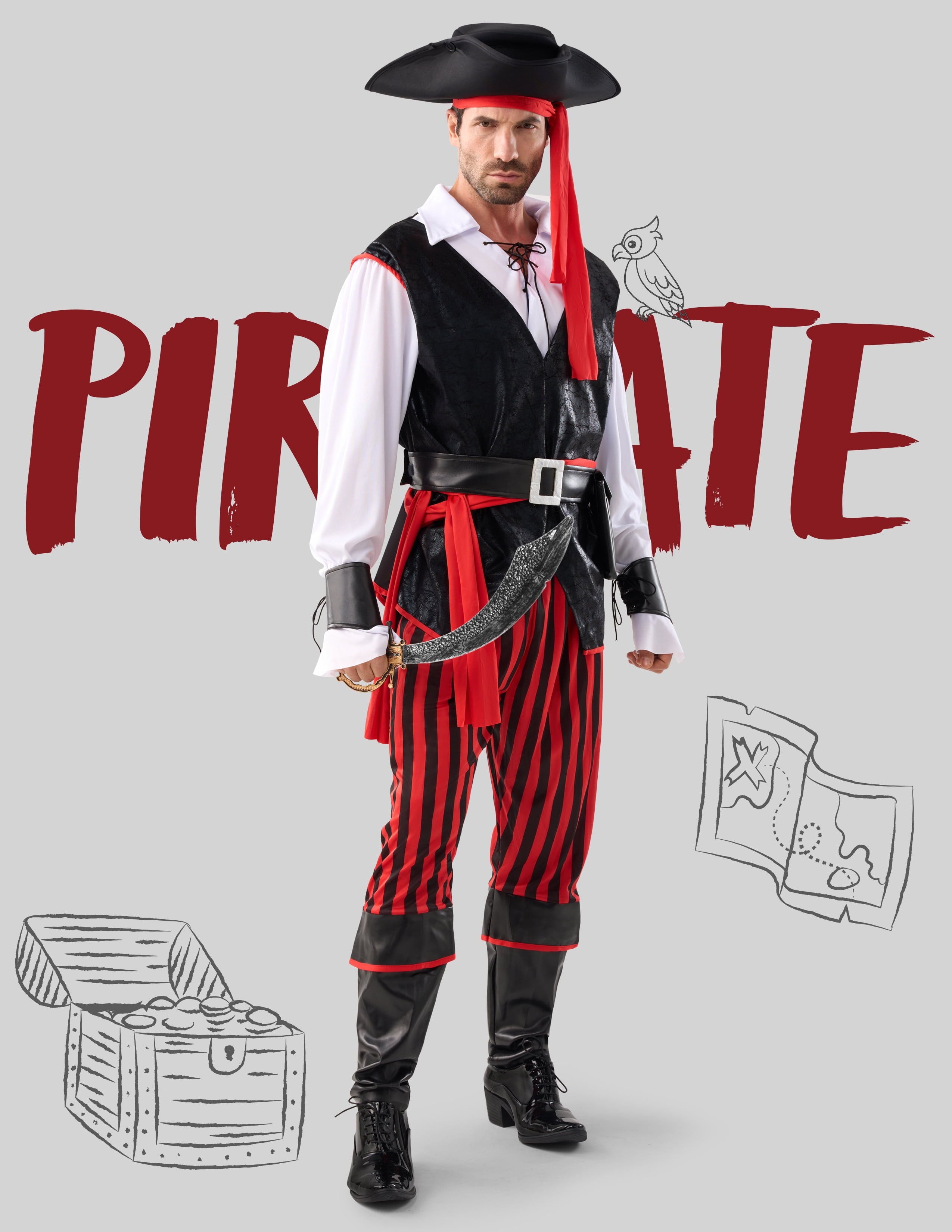 Joyfy Men Pirate Costume Set, Adult Halloween Costume Renaissance Medieval Viking Pirate Costume for Halloween Fancy Dress Up Party Cosplay