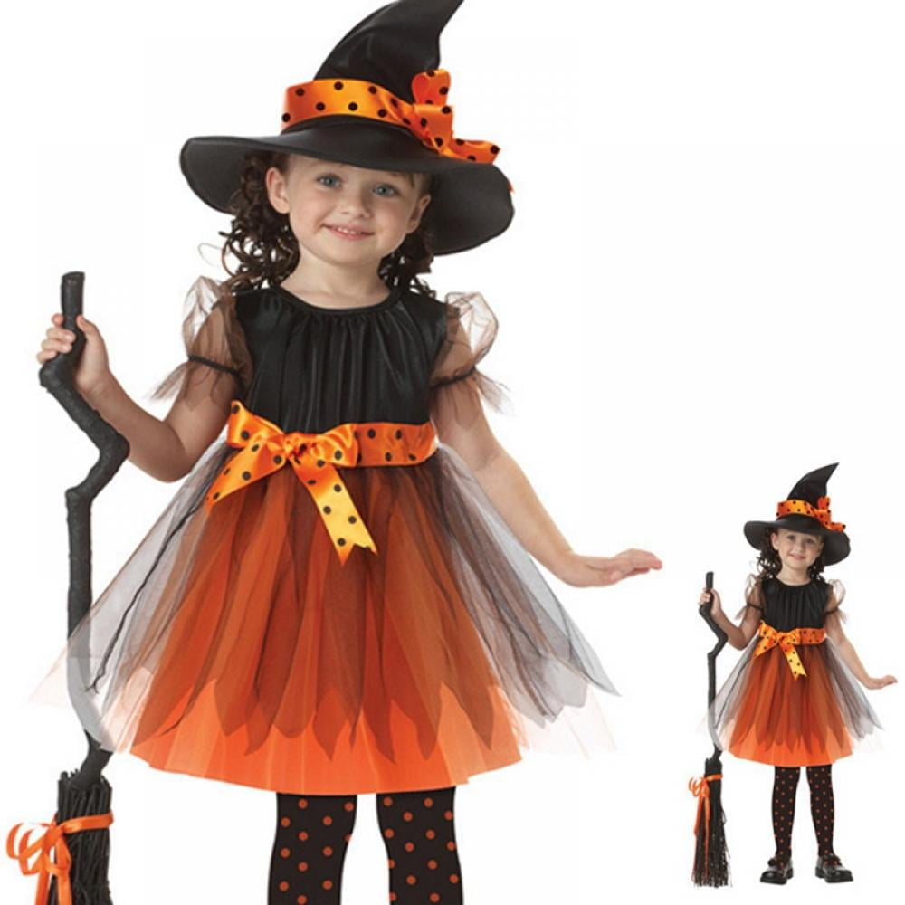 Xinhuaya 3-13T Halloween Witch Costume Set Dress Hat Broom Tutu Skirt for Halloween Cosplay Party