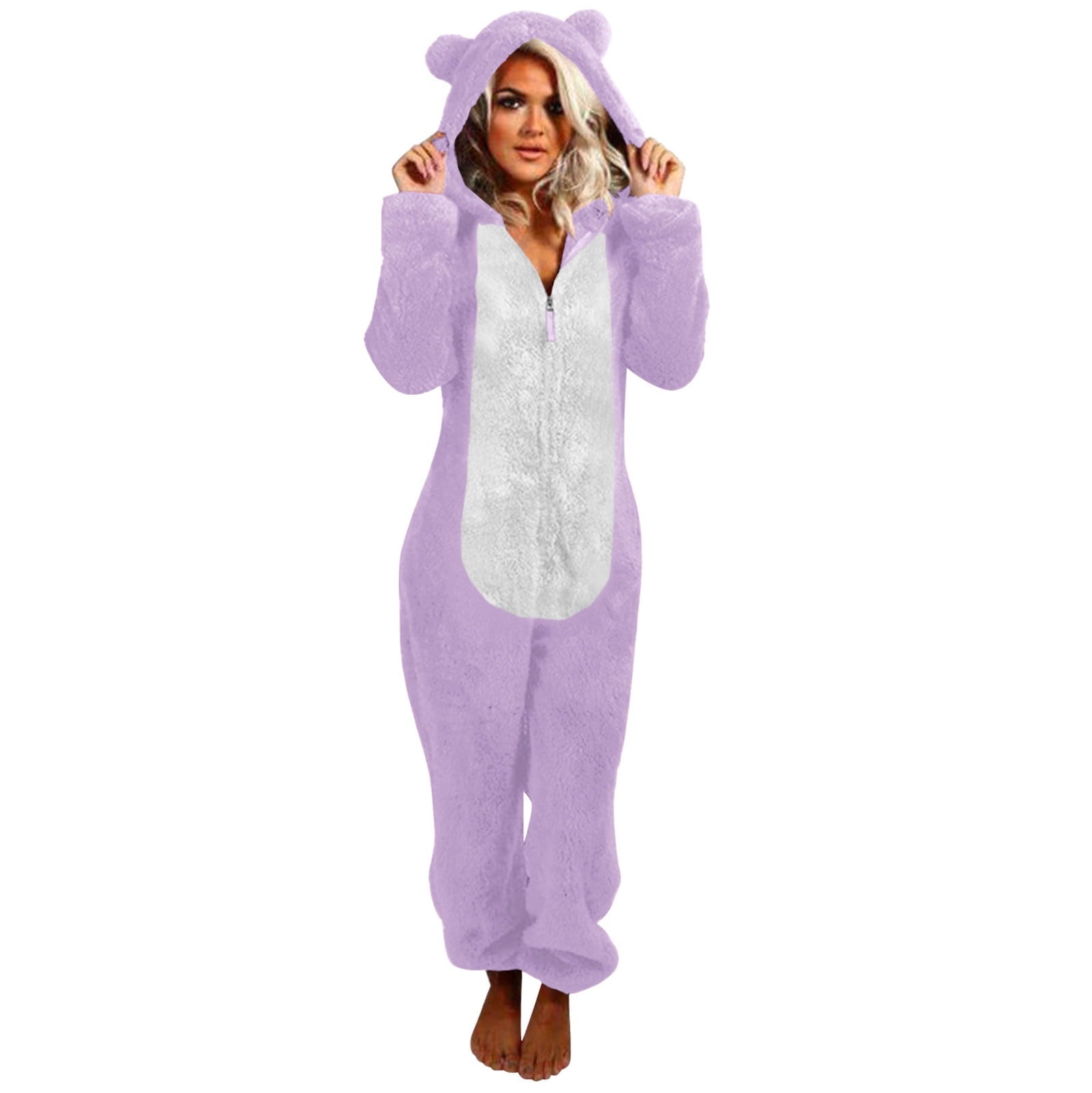 QATAINLAV Sherpa Fleece Jumpsuit for Women Winter Warm Fuzzy Onesie Pajamas Cute Cat Hooded Romper Casual Zip Up Overalls Sleepwear Black XL